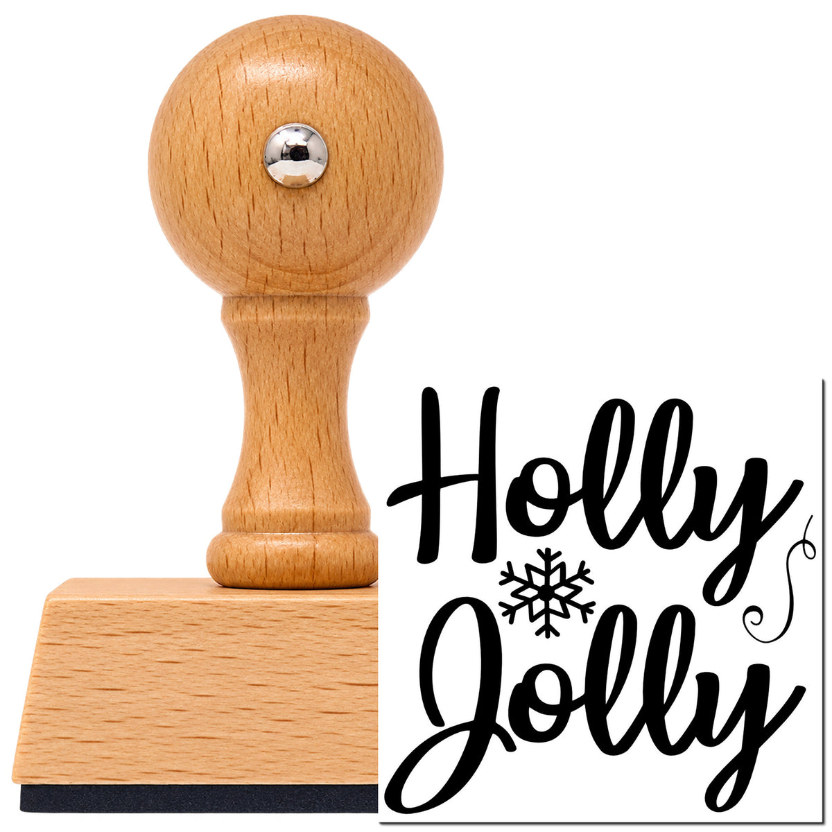 Holly Jolly Snowflake Vintage Pro rubber stamp in European beech wood with a round knob handle, shown beside its black imprint.