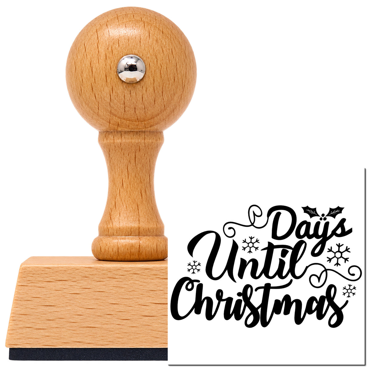 Days Until Christmas Leaf Accents Vintage Pro rubber stamp in European beech wood with a round knob handle, shown beside its black imprint.