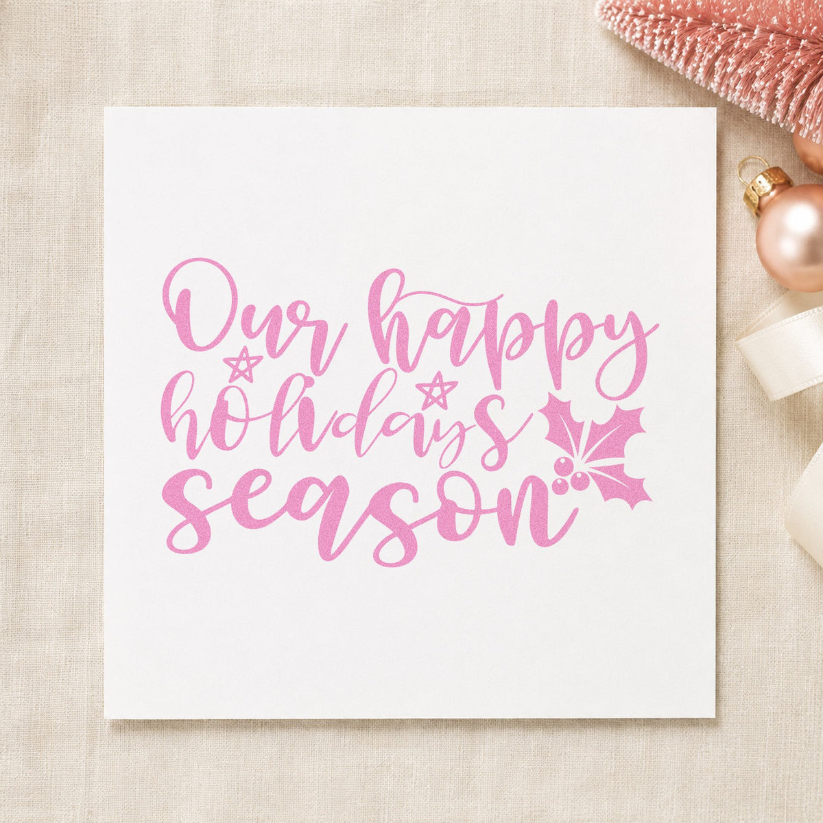 Our Happy Holidays Season craft stamp in purple ink on cardstock, an easy option for household album page.