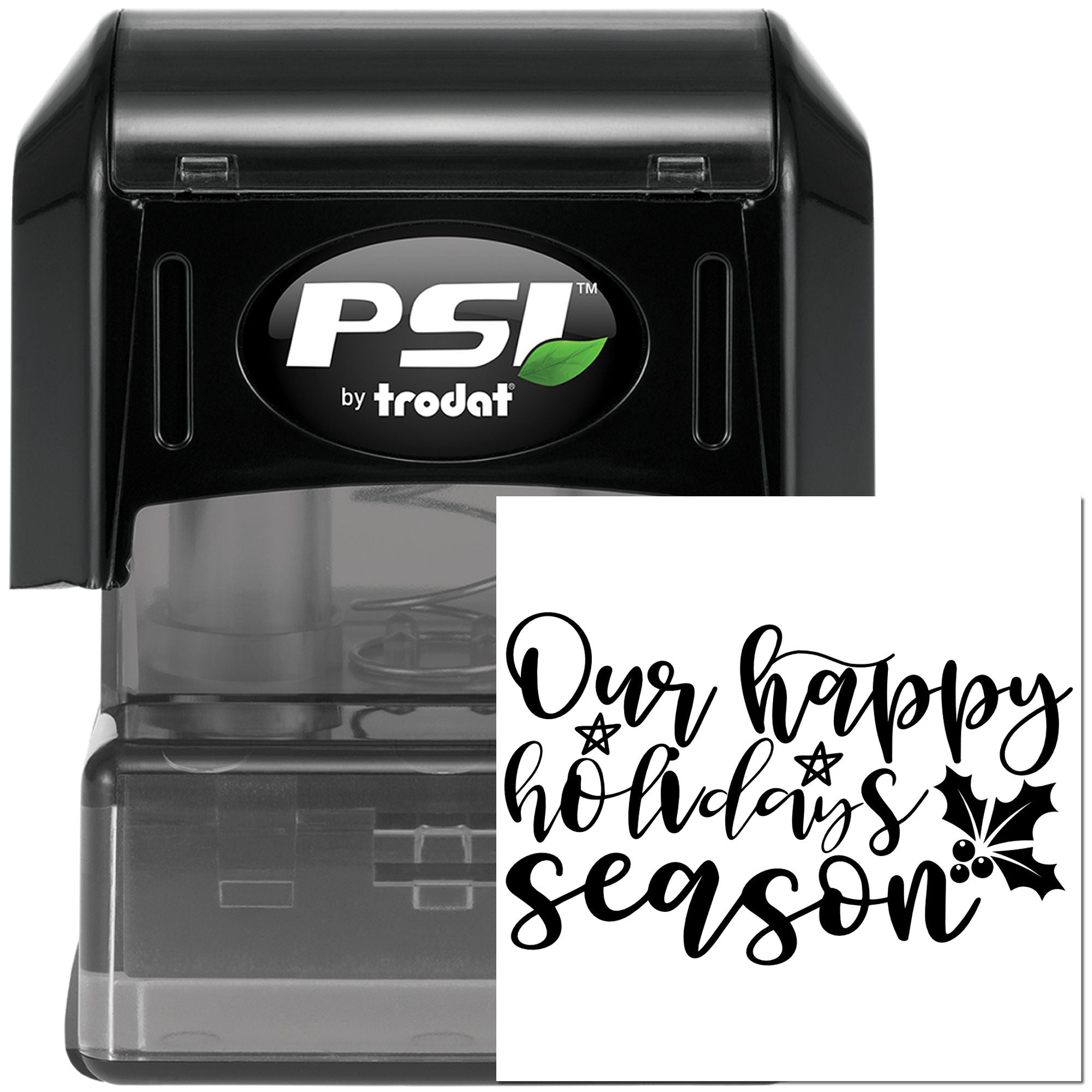 PSI by Trodat self-inking rubber stamp with Our Happy Holidays Season design for festive holiday card stamping