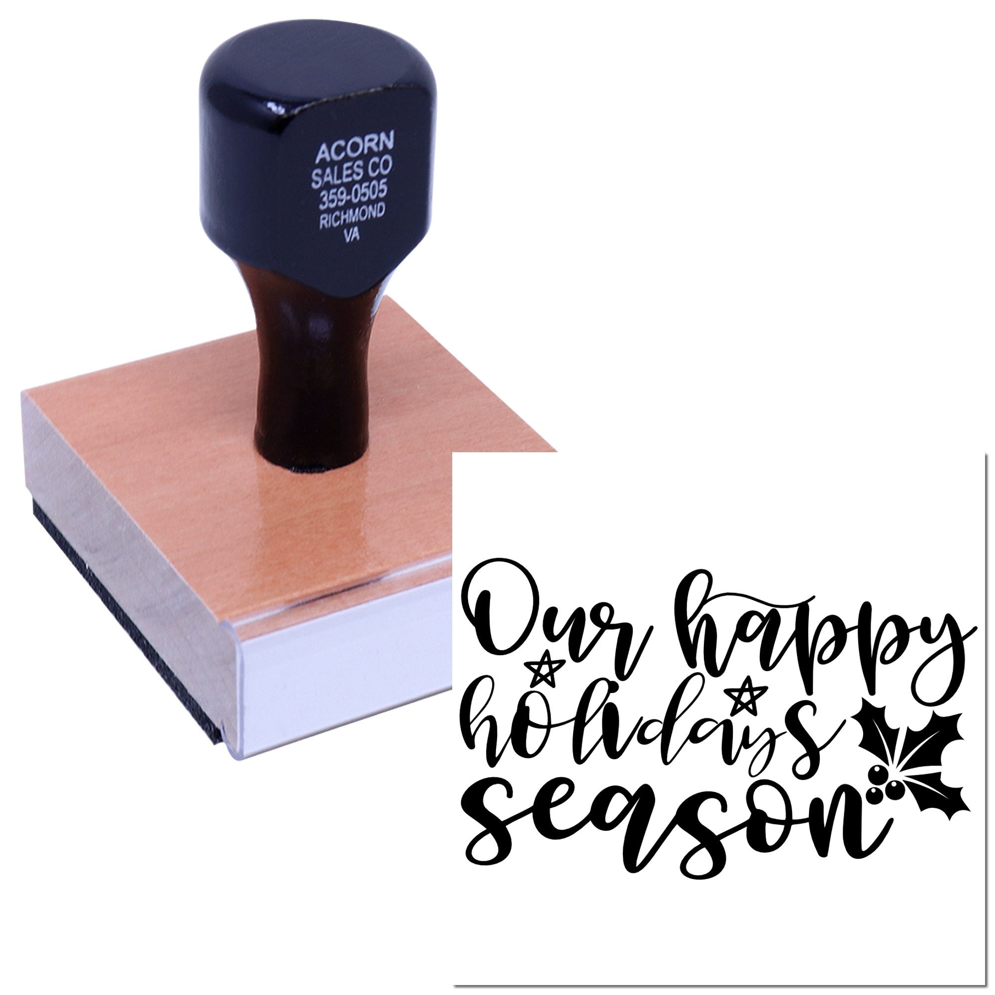 Custom rubber stamp with Our Happy Holiday Season design for holiday cards, gift tags, and festive packaging.