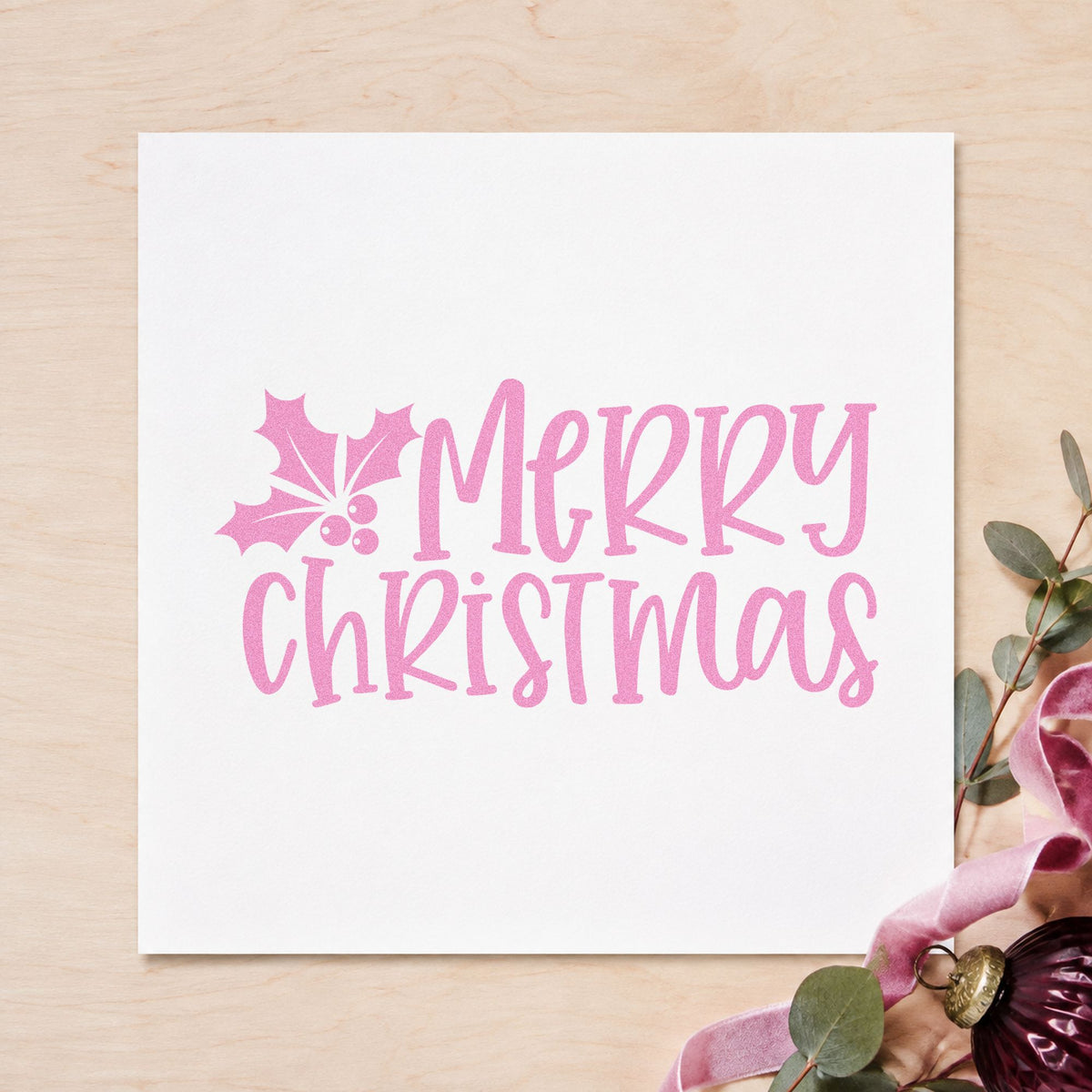 Merry Christmas Holly Corner craft stamp in purple ink on cardstock, an easy option for page accent album.