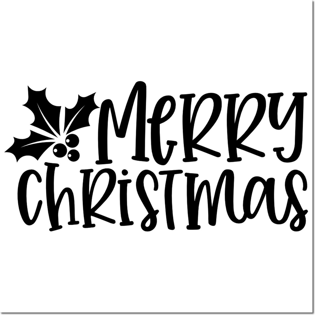 Merry Christmas rubber stamp design with holly leaves and berries for holiday card making and crafts