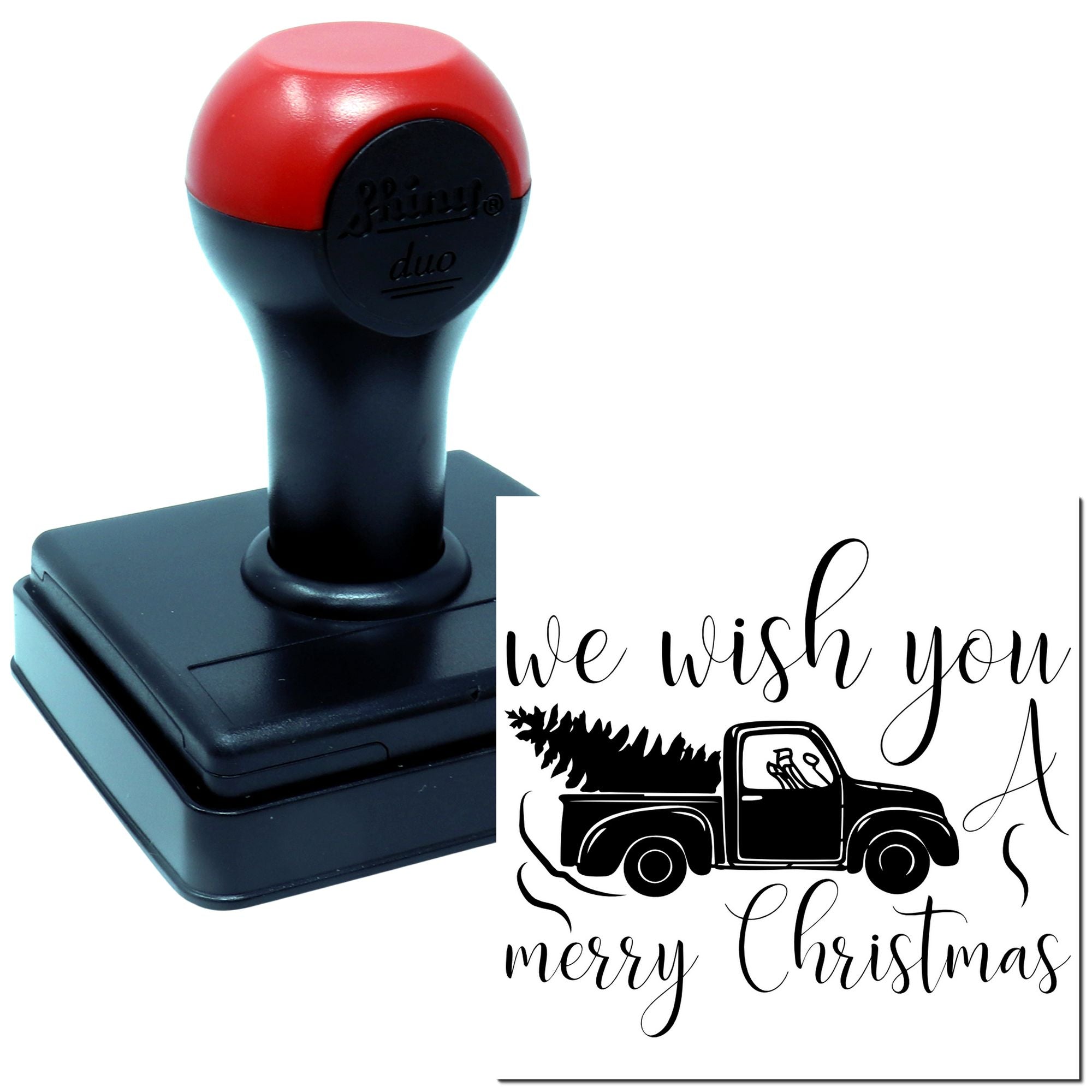 Custom rubber stamp with We Wish You a Merry Christmas pickup truck design for Christmas cards and holiday crafts.