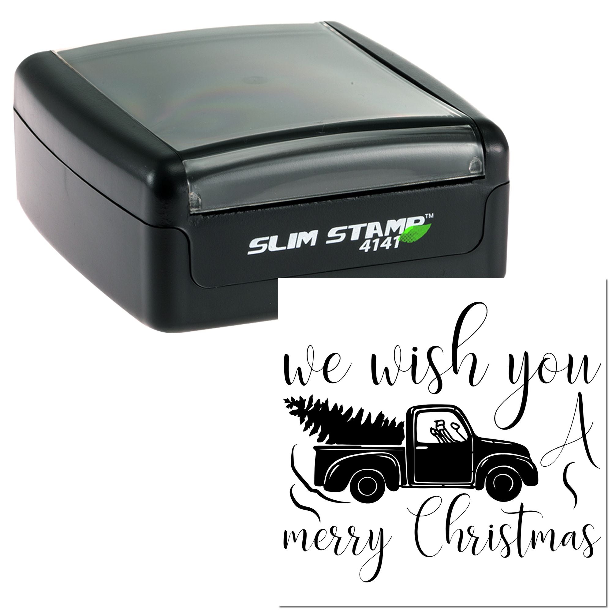 Slim Stamp 4141 self-inking rubber stamp featuring We Wish You a Merry Christmas pickup truck design.