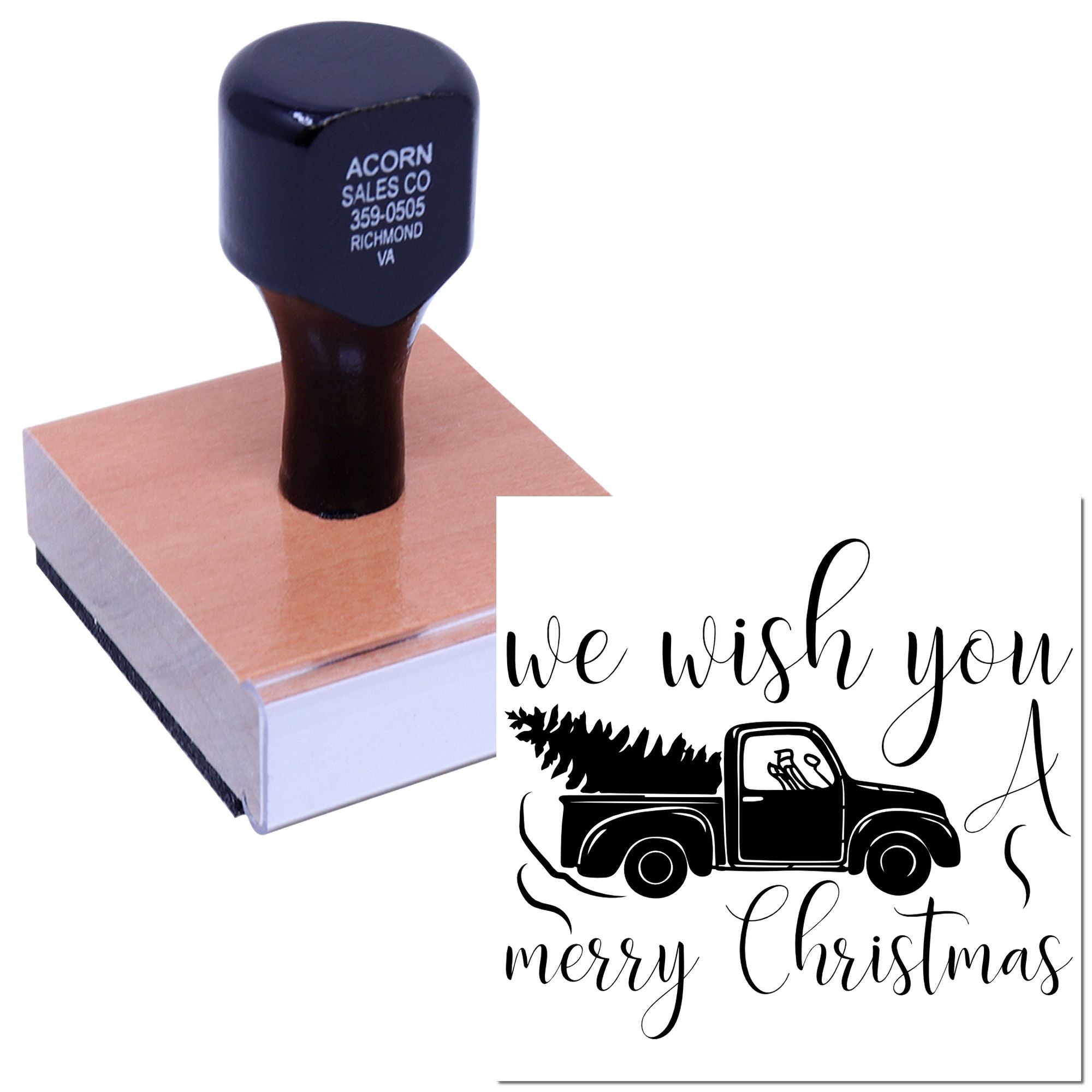 Custom rubber stamp for Christmas cards featuring a We Wish You a Merry Christmas truck design.