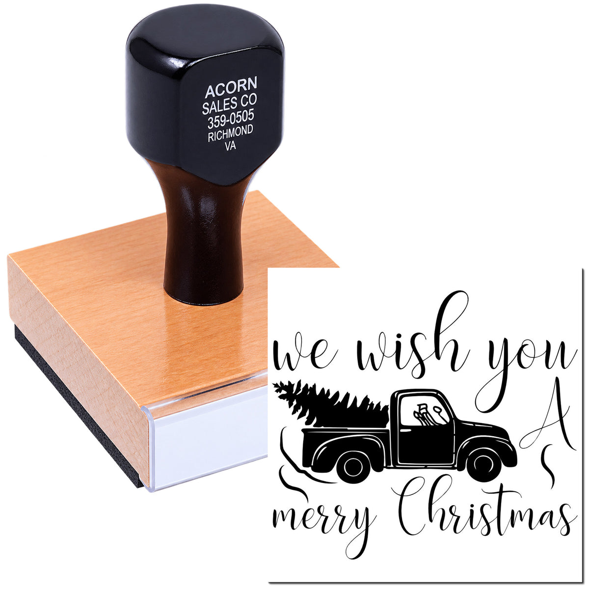 Custom rubber stamp for Christmas cards featuring a We Wish You a Merry Christmas truck design.