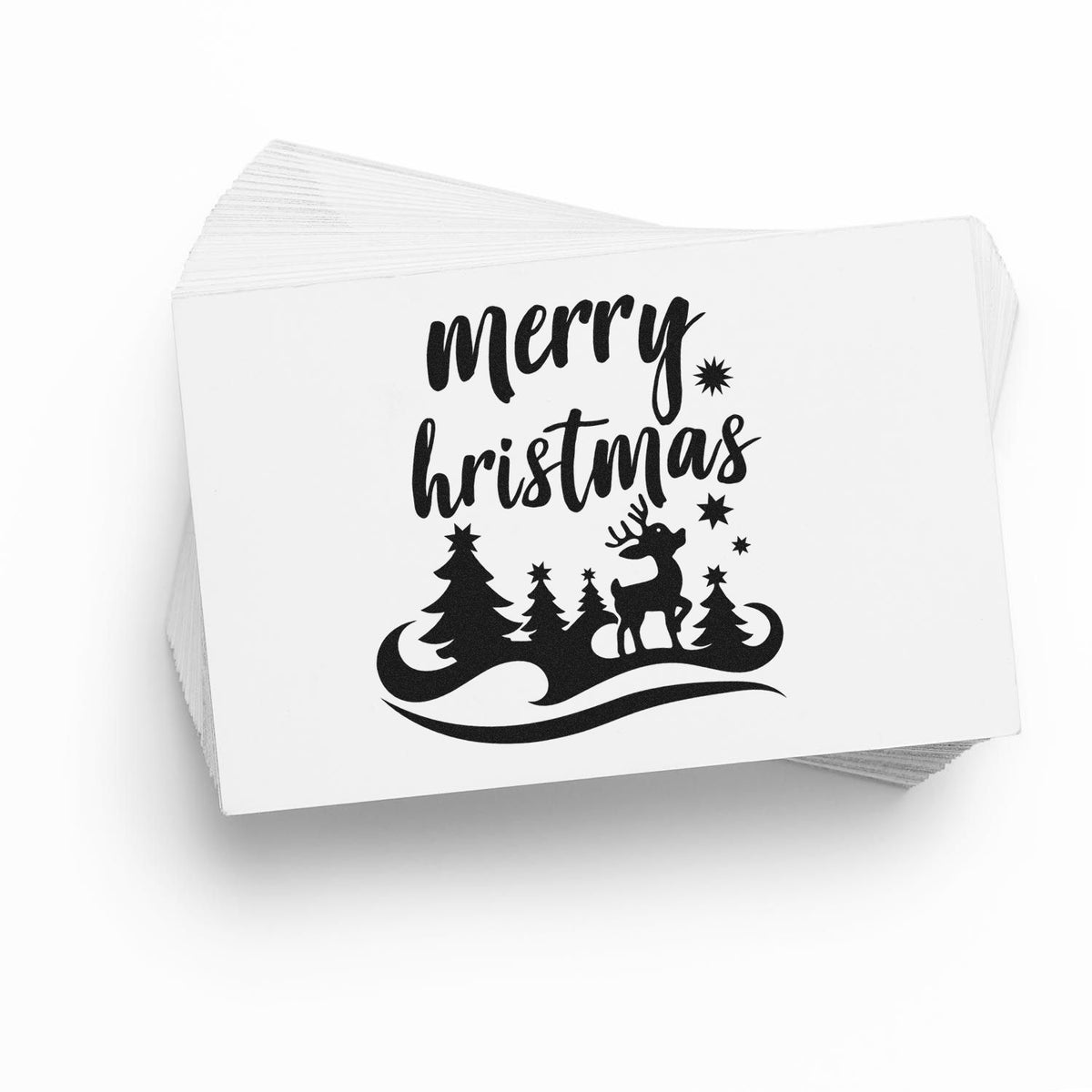 Merry Christmas rubber stamp with reindeer, pine trees, and stars for festive holiday card making and Christmas crafts.