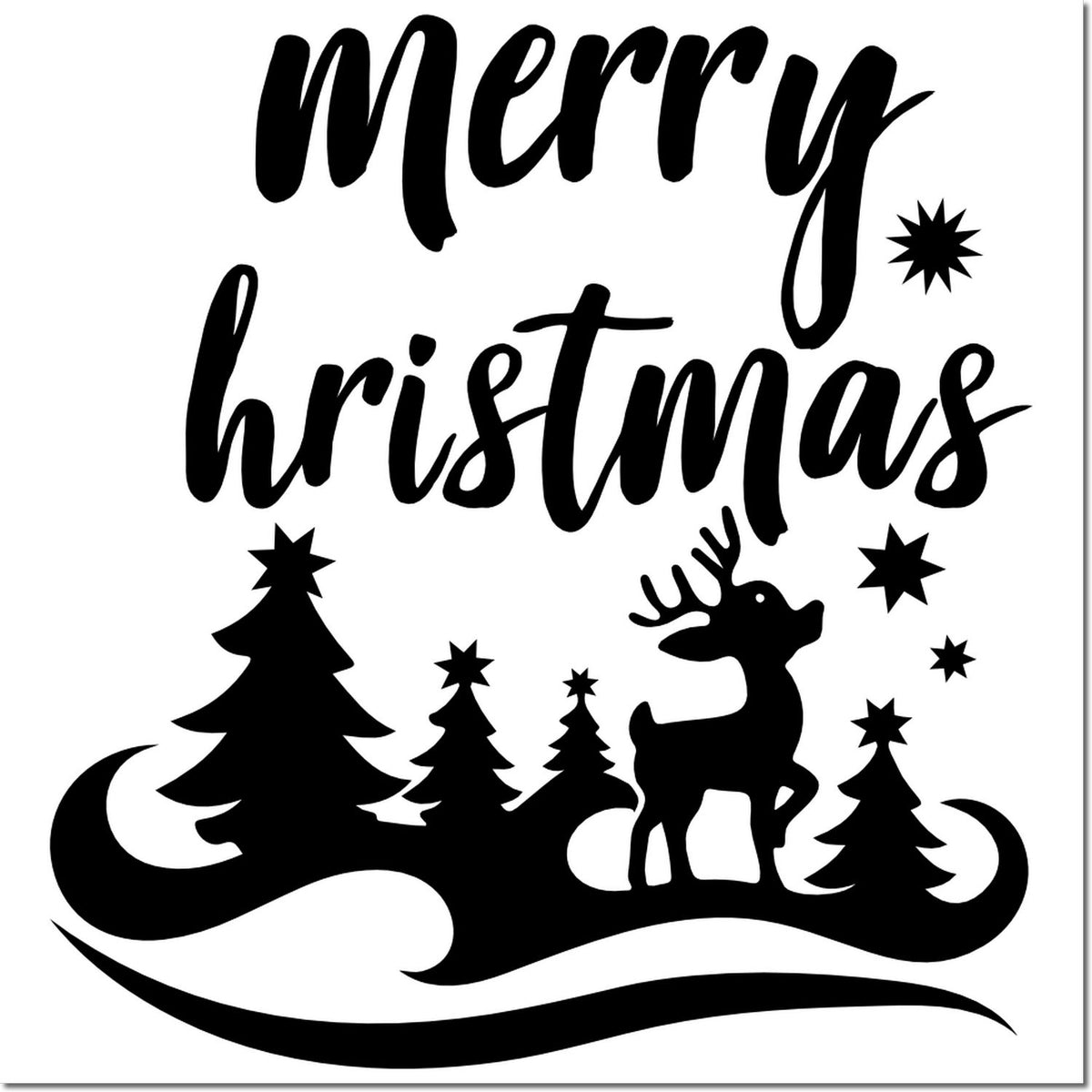 Merry Christmas rubber stamp design with reindeer, pine trees, and stars in a festive holiday silhouette.
