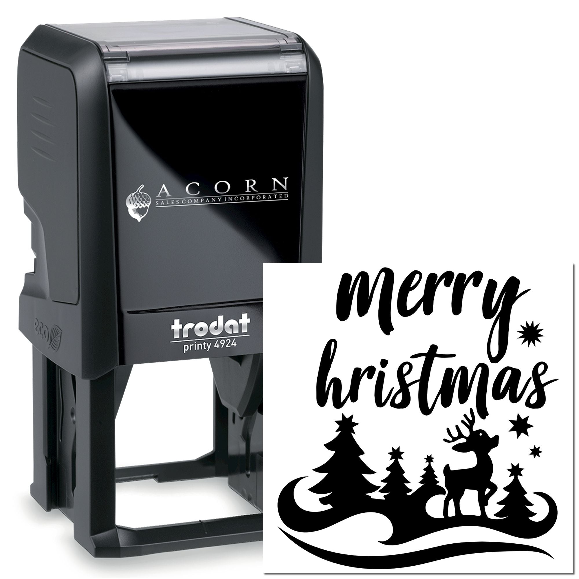 Custom self-inking rubber stamp with Merry Christmas holiday design, Trodat Printy 4924 personalized Christmas stamp.