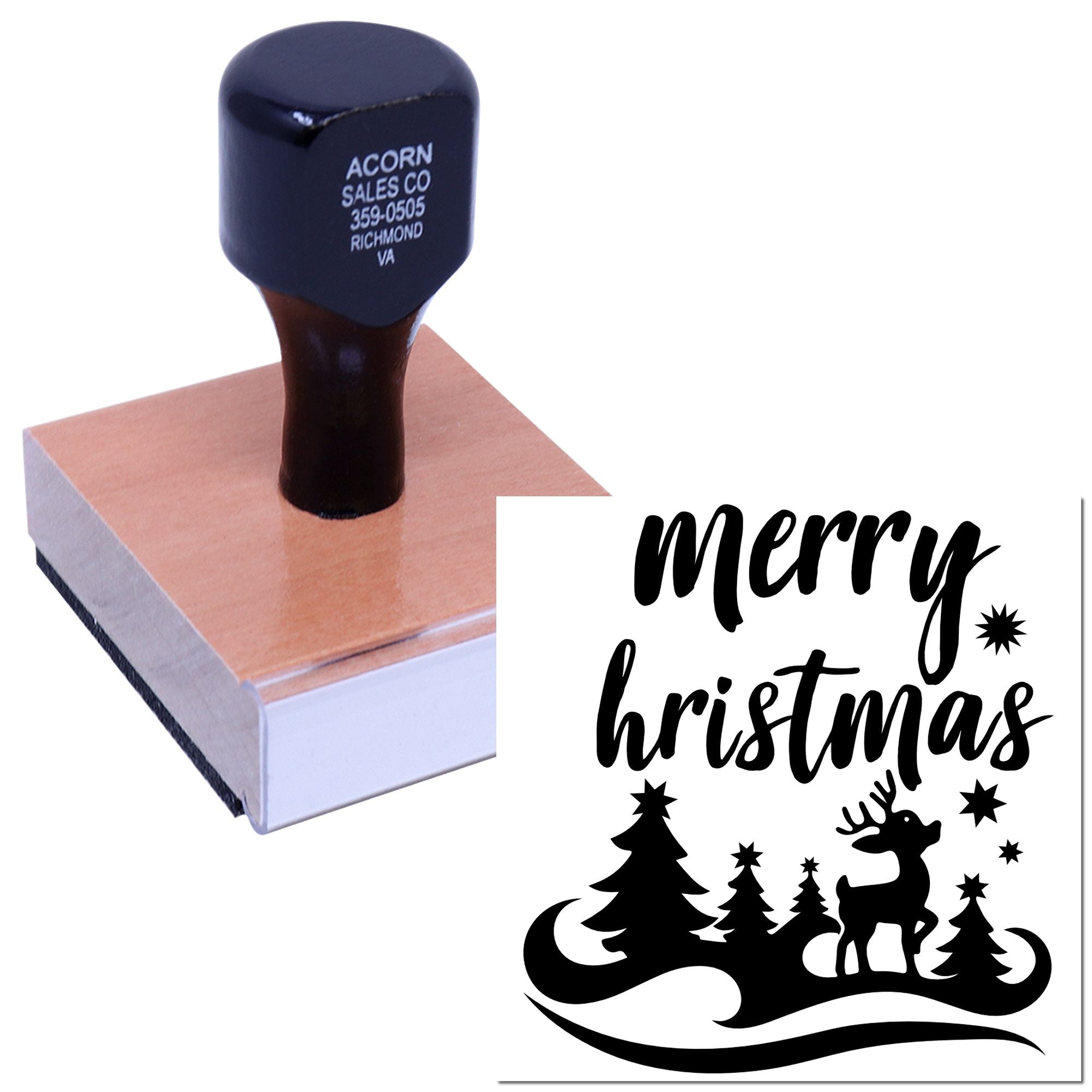 Merry Christmas custom rubber stamp with reindeer and trees, mounted on a block for holiday card making.