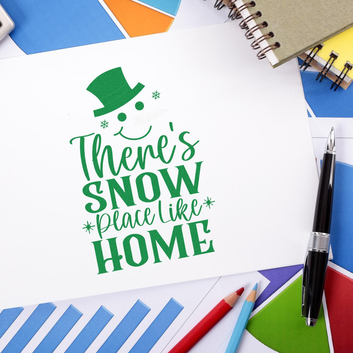 Snow Place Like Home rubber stamp shown in green ink, stamped for projects such as new house album page.
