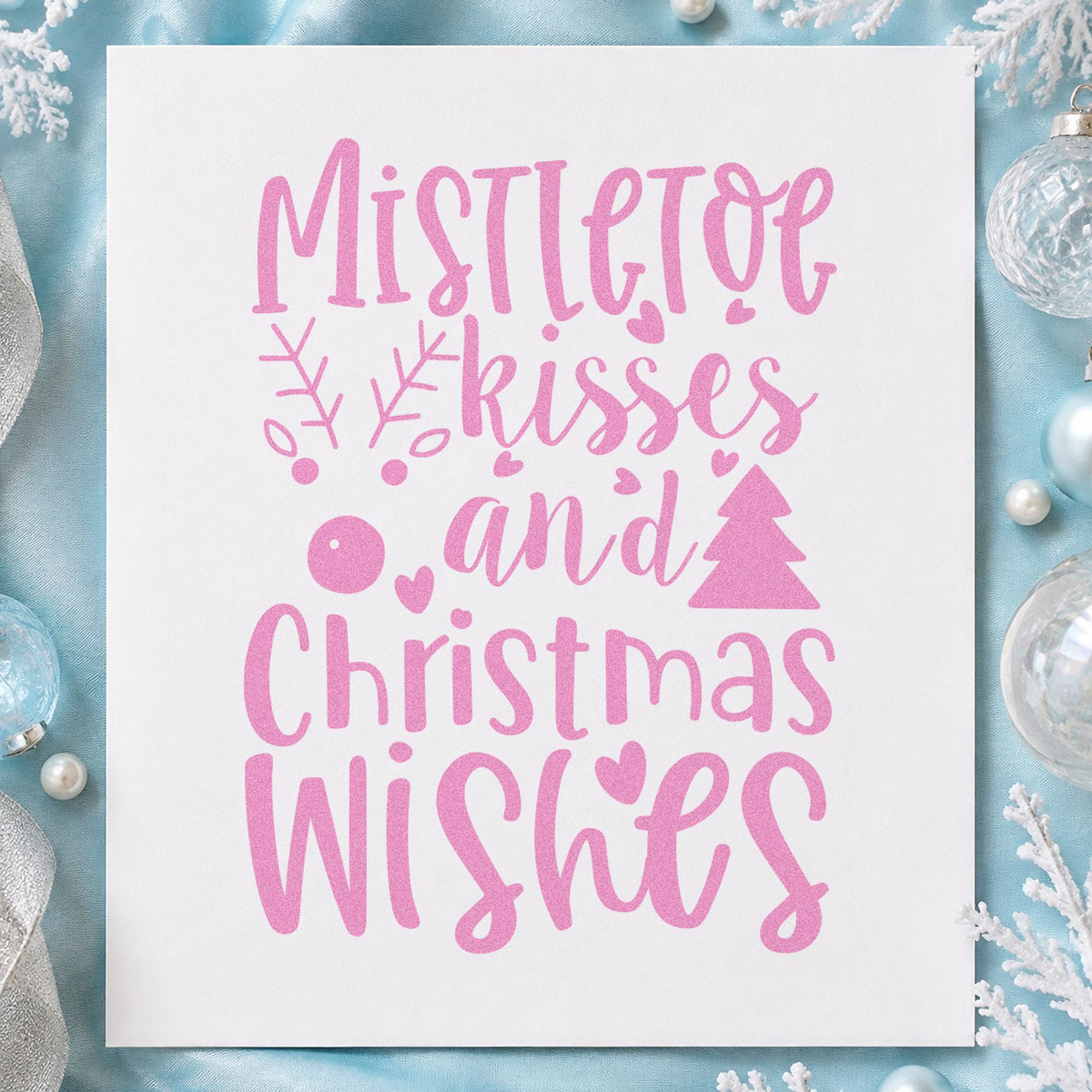 Mistletoe Kisses Christmas Wishes craft stamp in purple ink on cardstock, an easy option for engagement album page.
