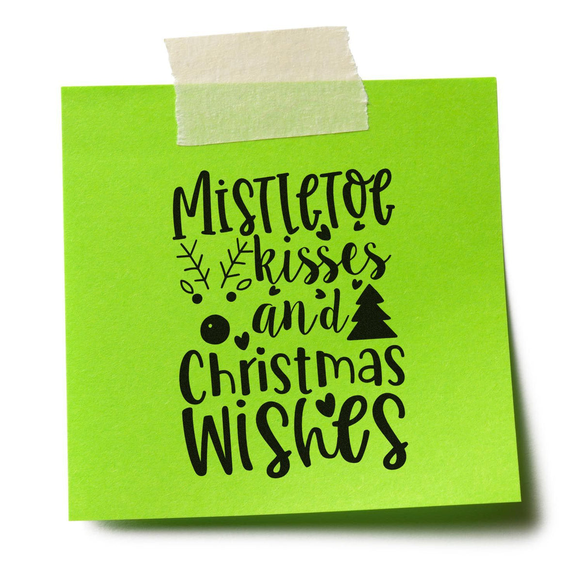 Christmas rubber stamp design with Mistletoe Kisses and Christmas Wishes sentiment for holiday cards and crafts.