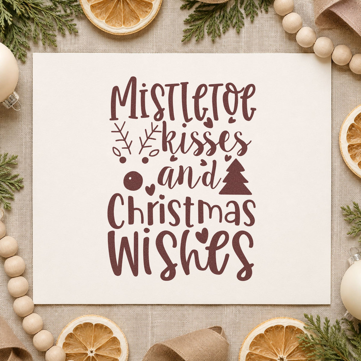 Mistletoe Kisses Christmas Wishes rubber stamp printed in brown ink, ready for guest count sheet and similar paper crafts.