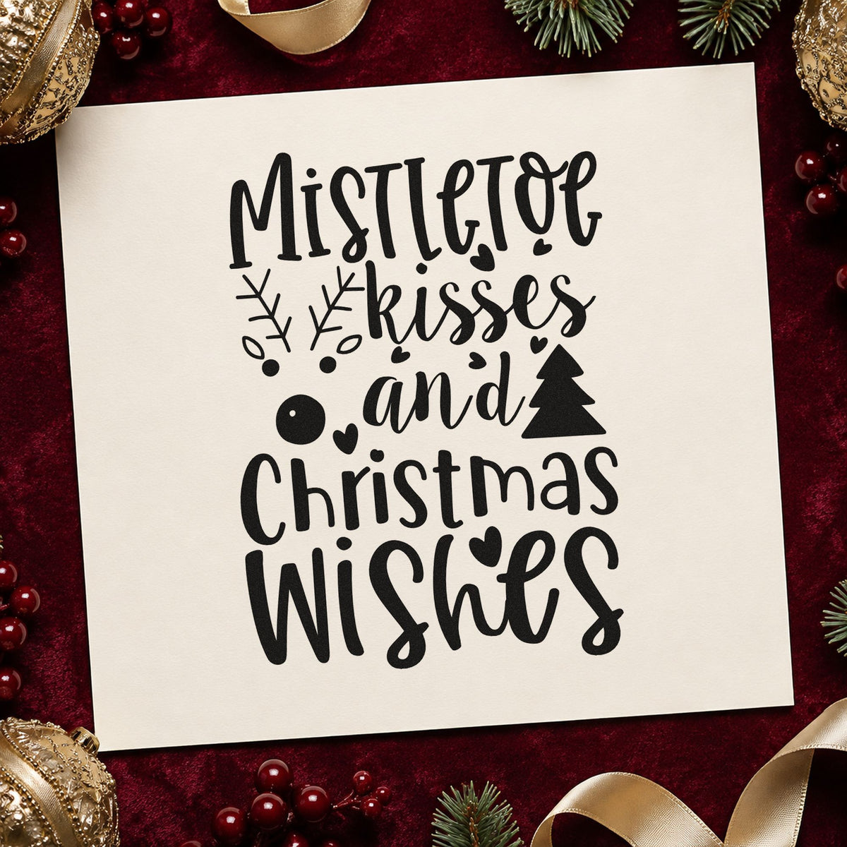 Mistletoe Kisses Christmas Wishes rubber stamp printed in black ink, ready for kisses and wishes cards and similar paper crafts.