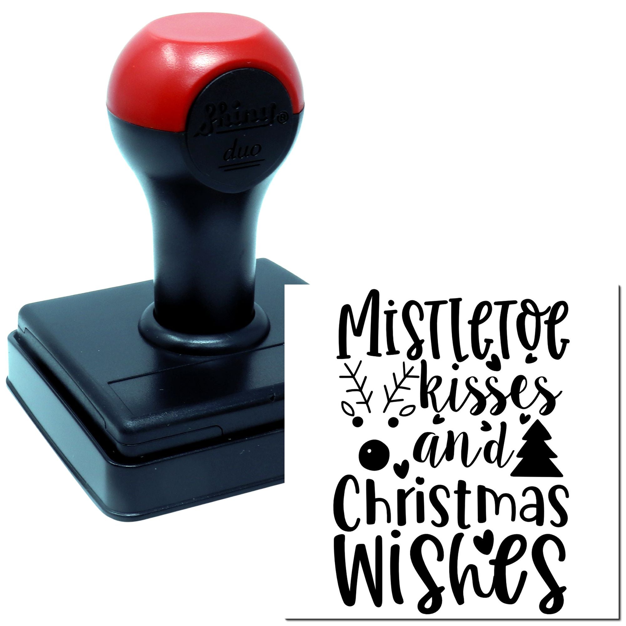 Custom Christmas rubber stamp with Mistletoe kisses and Christmas wishes design for holiday cards and festive crafts.