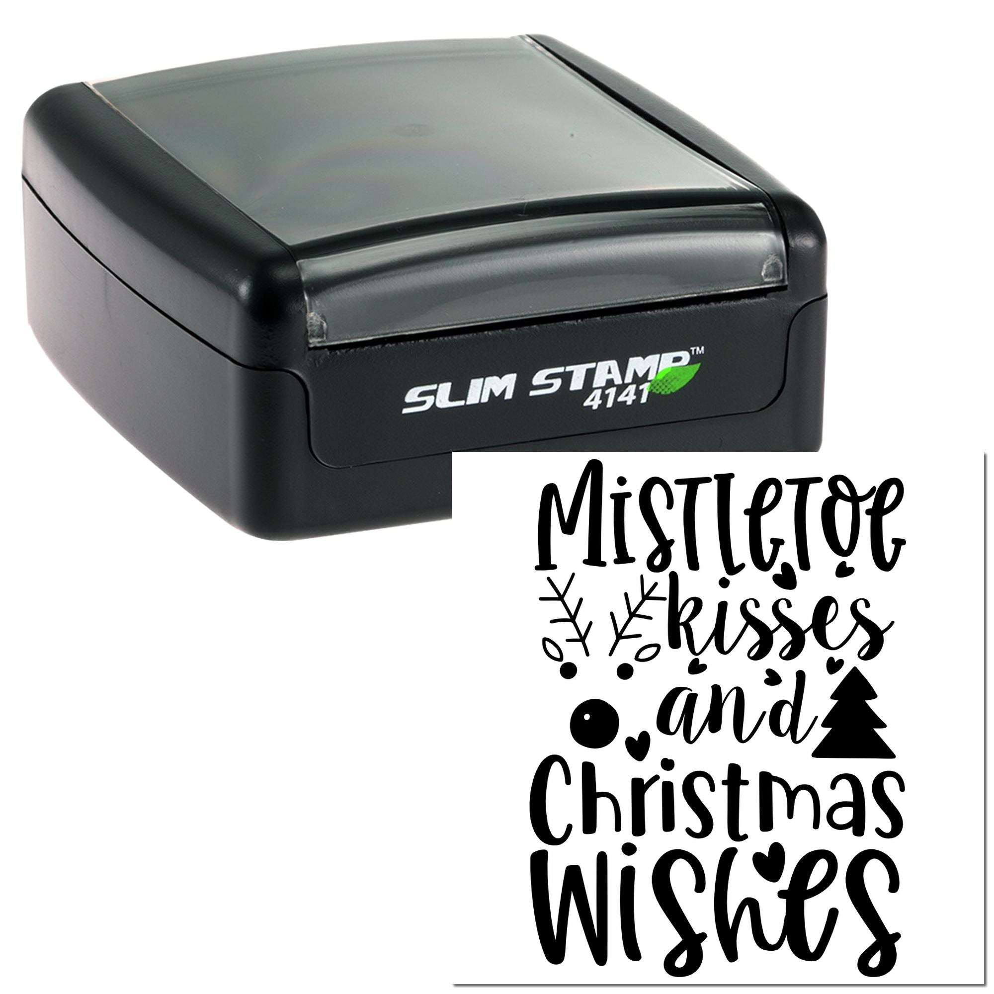 Self-inking rubber stamp with Mistletoe Kisses and Christmas Wishes holiday design for festive card making