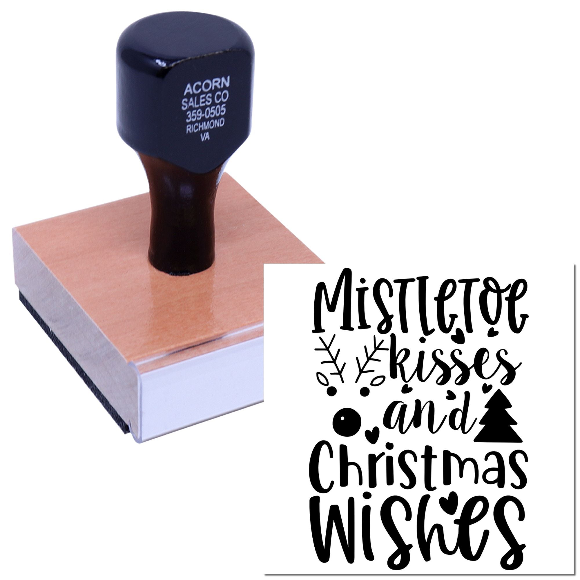 Holiday rubber stamp with Mistletoe Kisses and Christmas Wishes design for festive cards and DIY crafts.