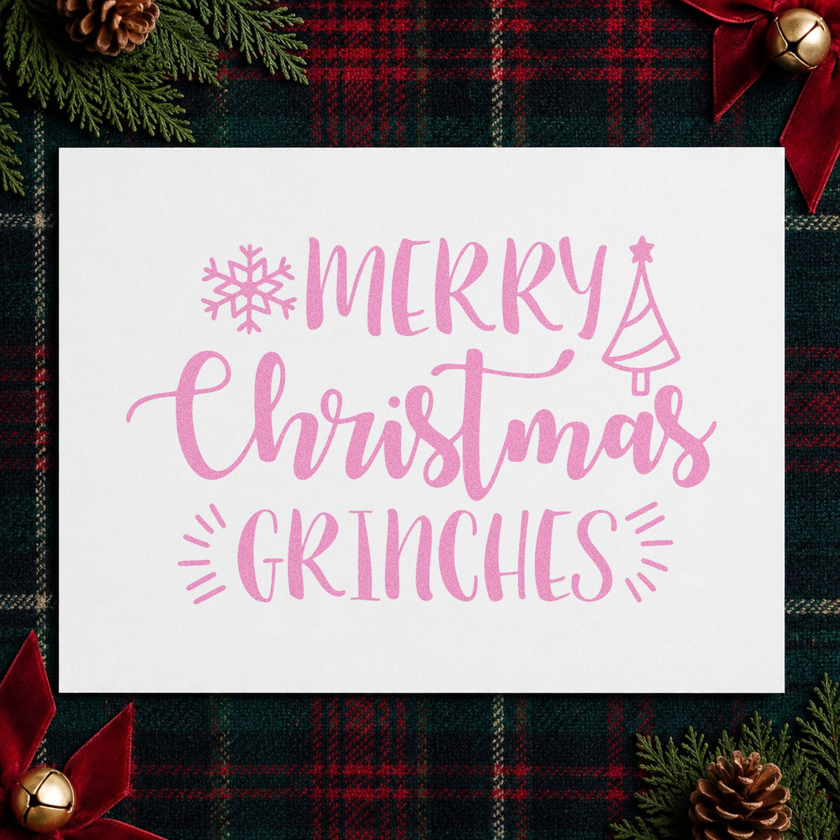 Merry Christmas Grinches craft stamp in purple ink on cardstock, an easy option for grump album page.