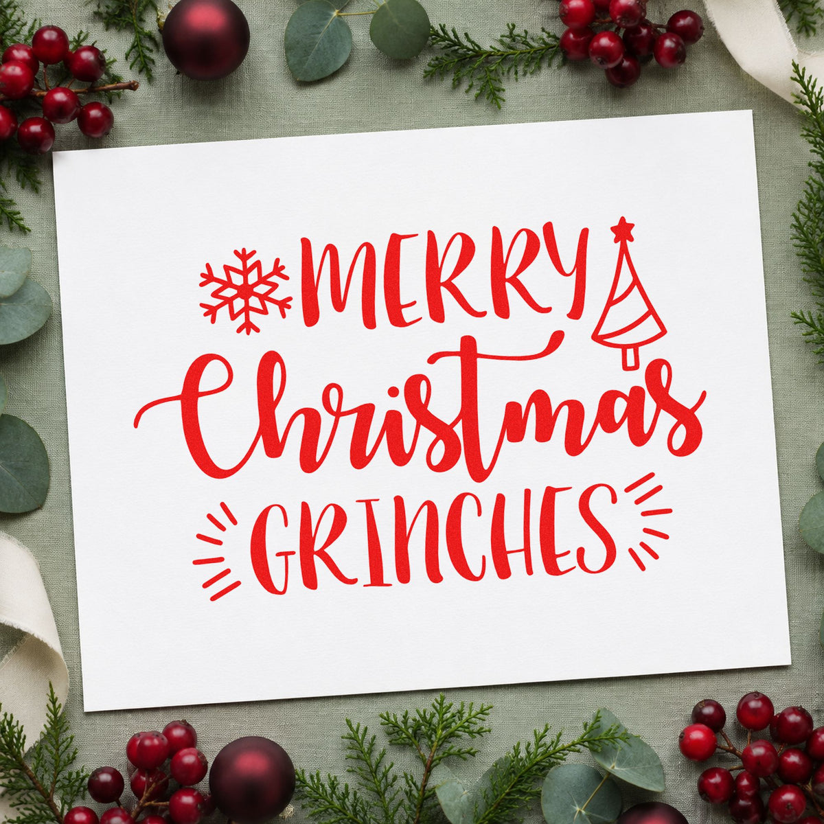 Merry Christmas Grinches rubber stamp shown in red ink, stamped for projects such as quiet corner labels.