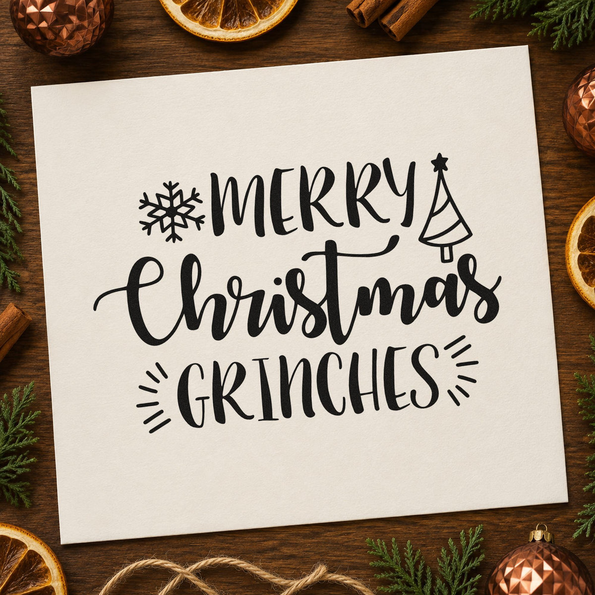 Merry Christmas Grinches rubber stamp printed in black ink, ready for grinches greeting cards and similar paper crafts.