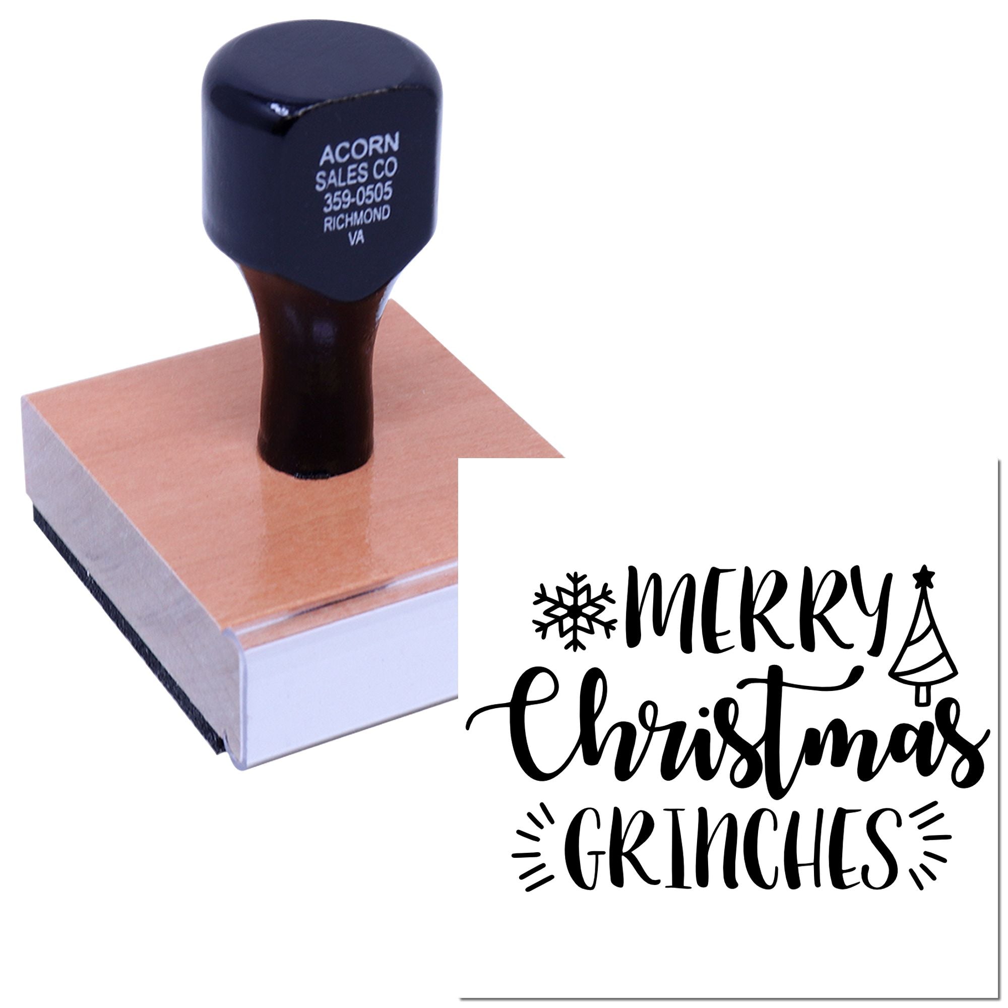 Custom Christmas rubber stamp with Merry Christmas Grinches design for holiday cards, crafts, and gift packaging.