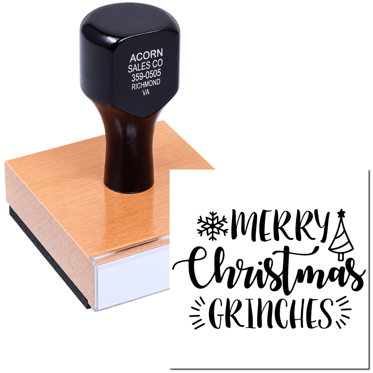 Custom Christmas rubber stamp with Merry Christmas Grinches design for holiday cards, crafts, and gift packaging.