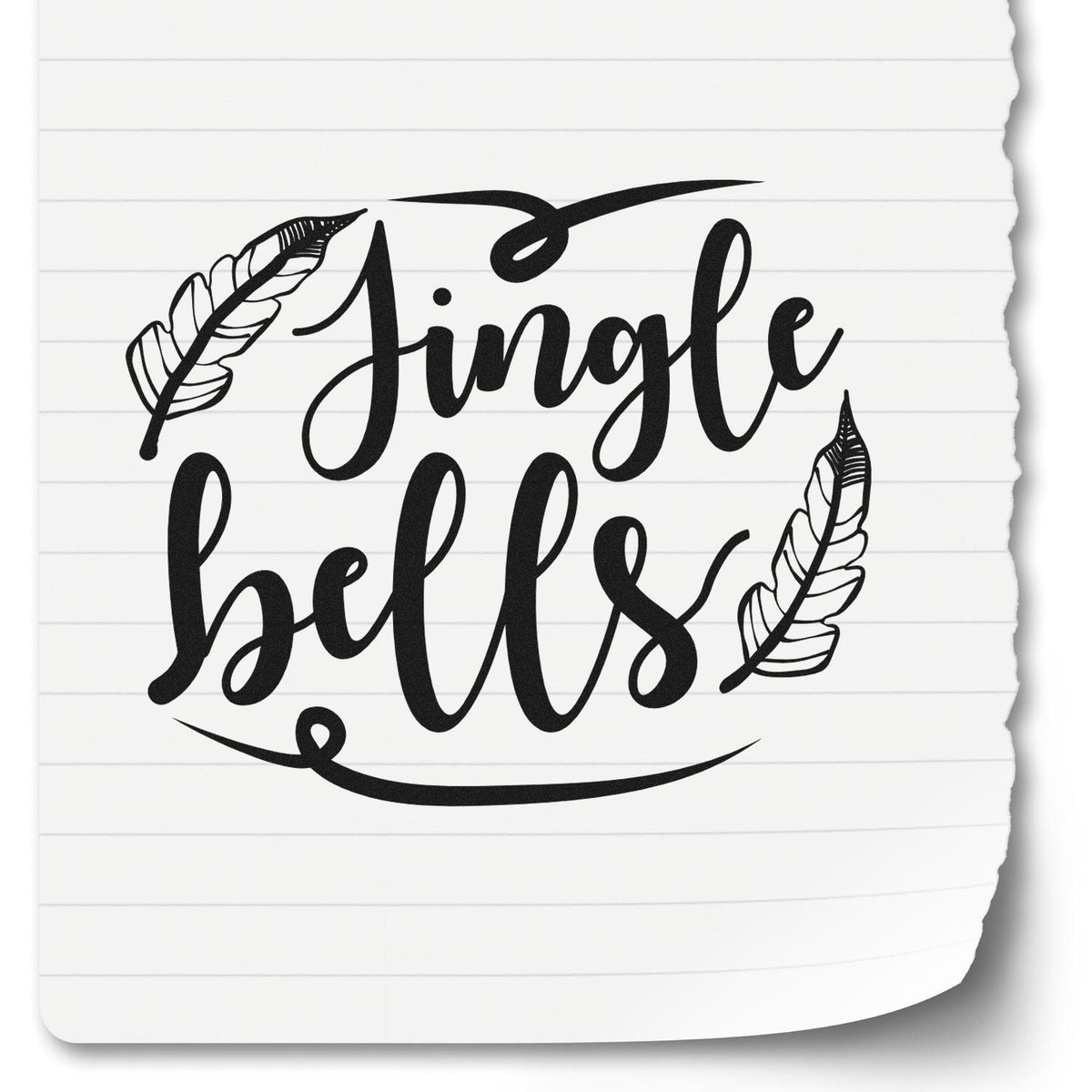 Jingle Bells Feather Flourishes Pre-Inked Stamp – Slim imprint stamped in black ink. "Jingle Bells" appears in thick script with two outlined feathers and curved flourishes.