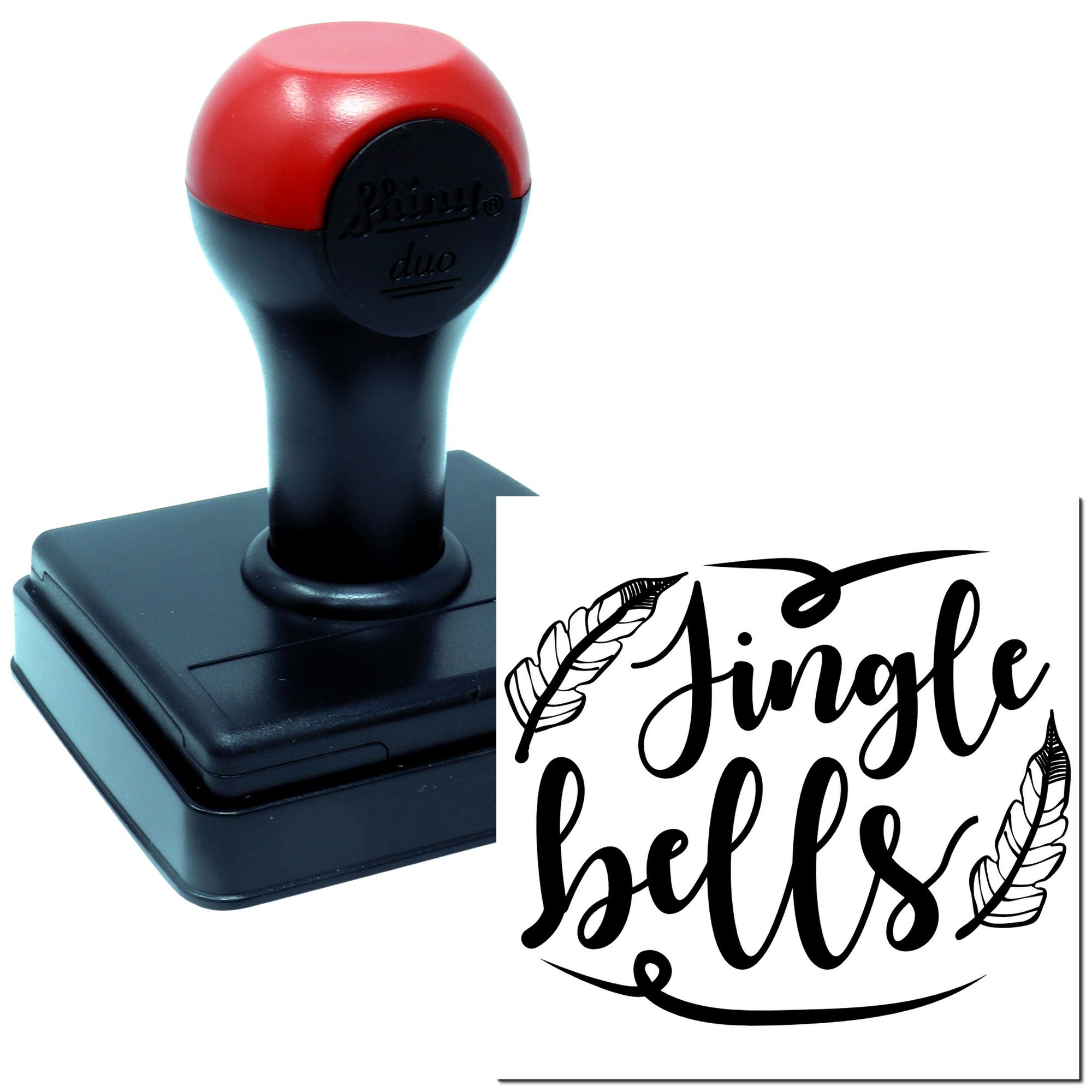 Self-inking rubber stamp with custom Jingle Bells design for holiday crafts, cards, and festive packaging.
