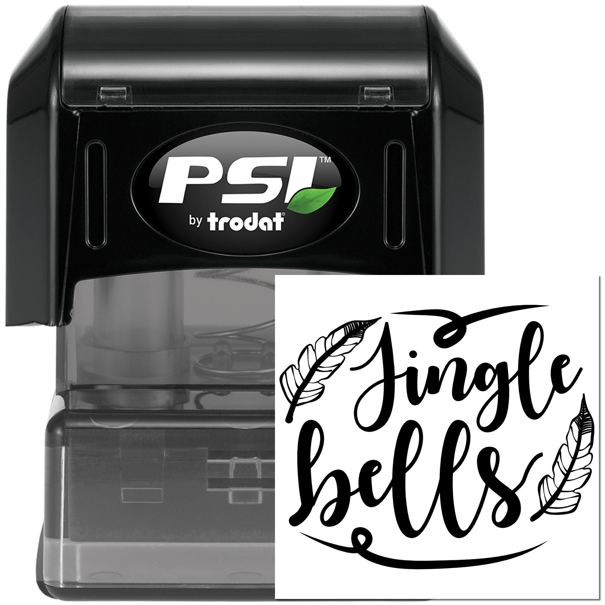 PSI by Trodat self-inking rubber stamp with custom Jingle Bells greeting and decorative feather accents