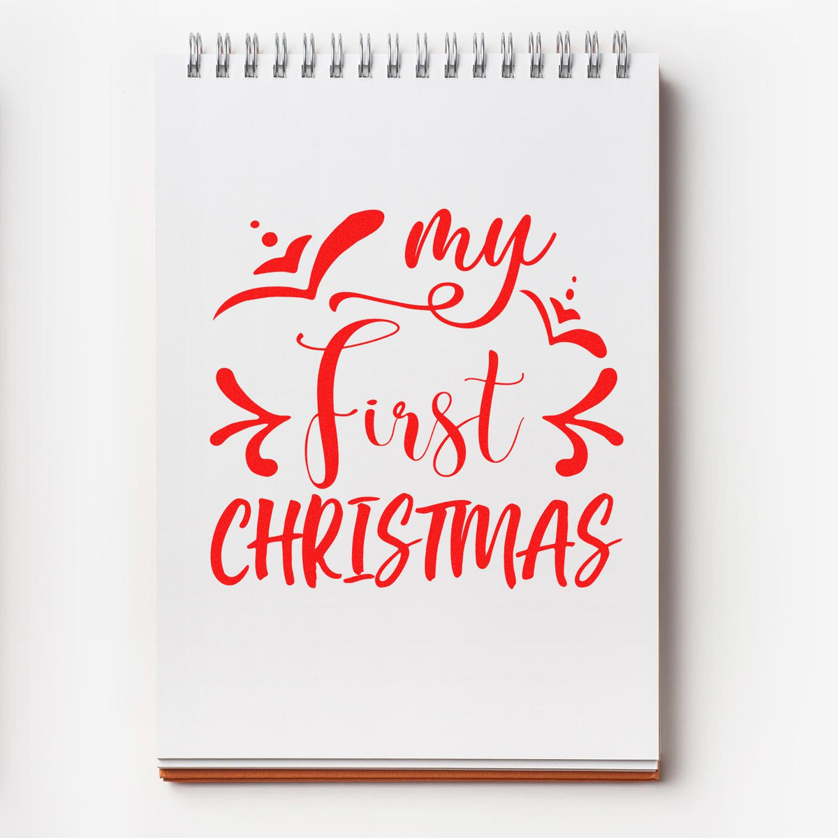 My First Christmas red script design for custom rubber stamps, holiday cards, and babys first Christmas keepsakes.