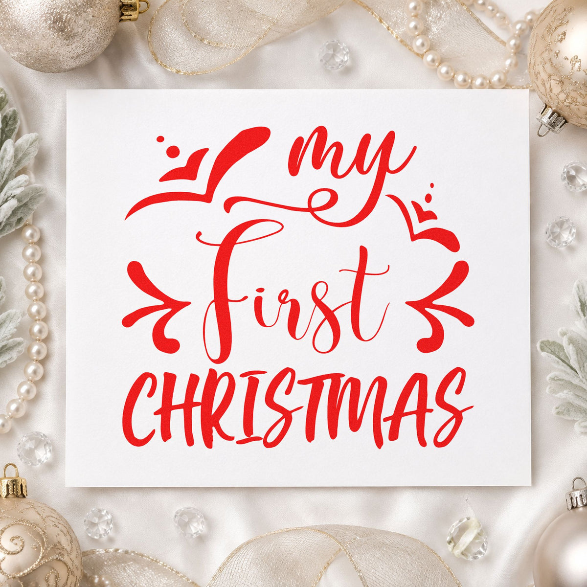 My First Christmas Script Lettering Rubber Stamp – Duo Hand in use 5