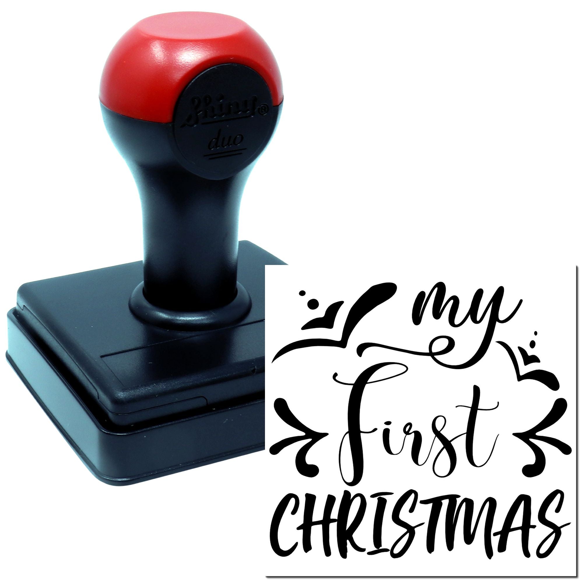 Self-inking rubber stamp with My First Christmas design for holiday cards, baby keepsakes, and festive crafting.