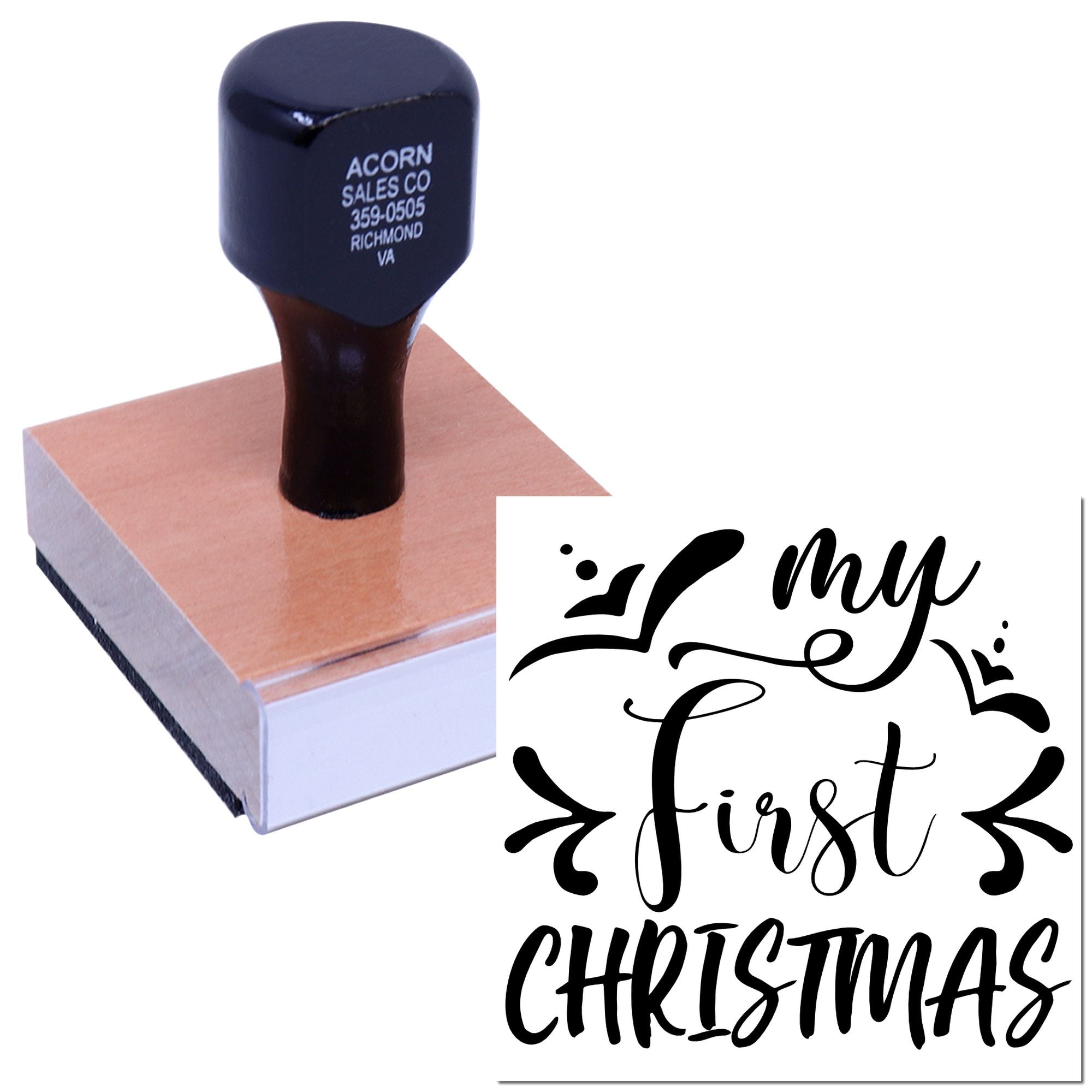My First Christmas rubber stamp with decorative script, ideal for holiday cards, scrapbooking, and babys first Christmas crafts.