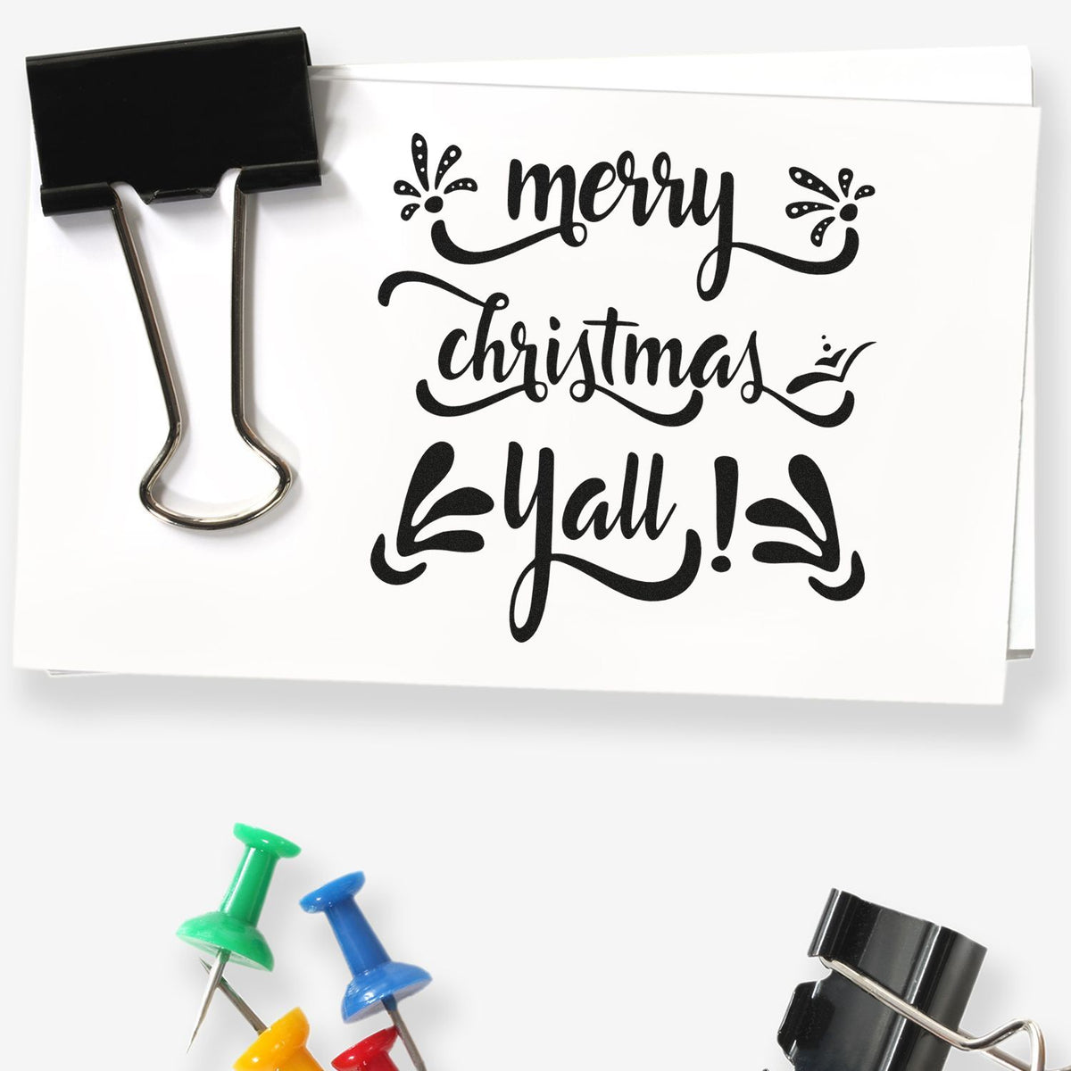 Merry Christmas Yall rubber stamp impression for holiday cards, scrapbook crafts, and festive handmade packaging.