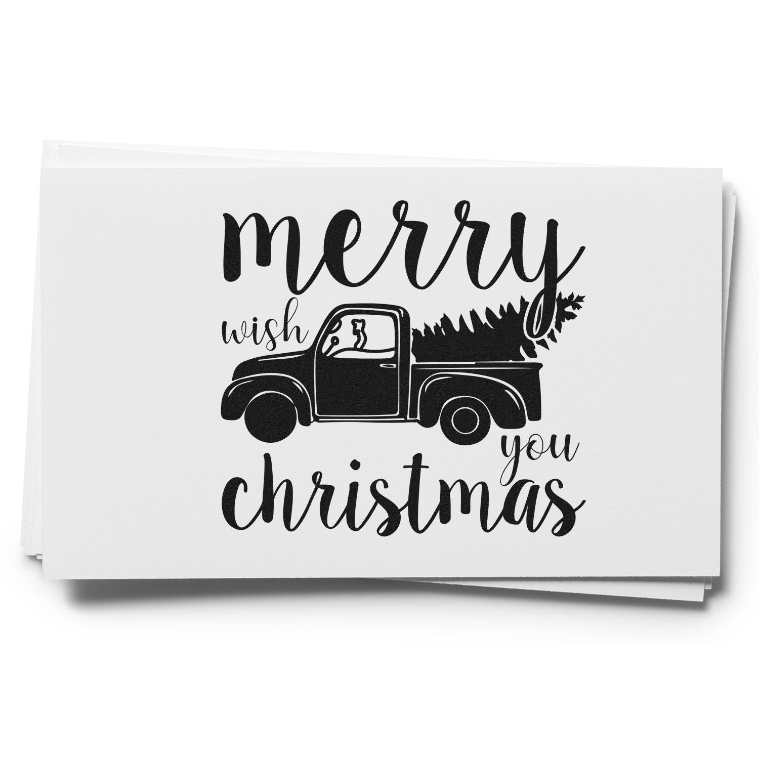 Merry Christmas rubber stamp design with vintage pickup truck and tree, perfect for holiday cards and festive crafts.