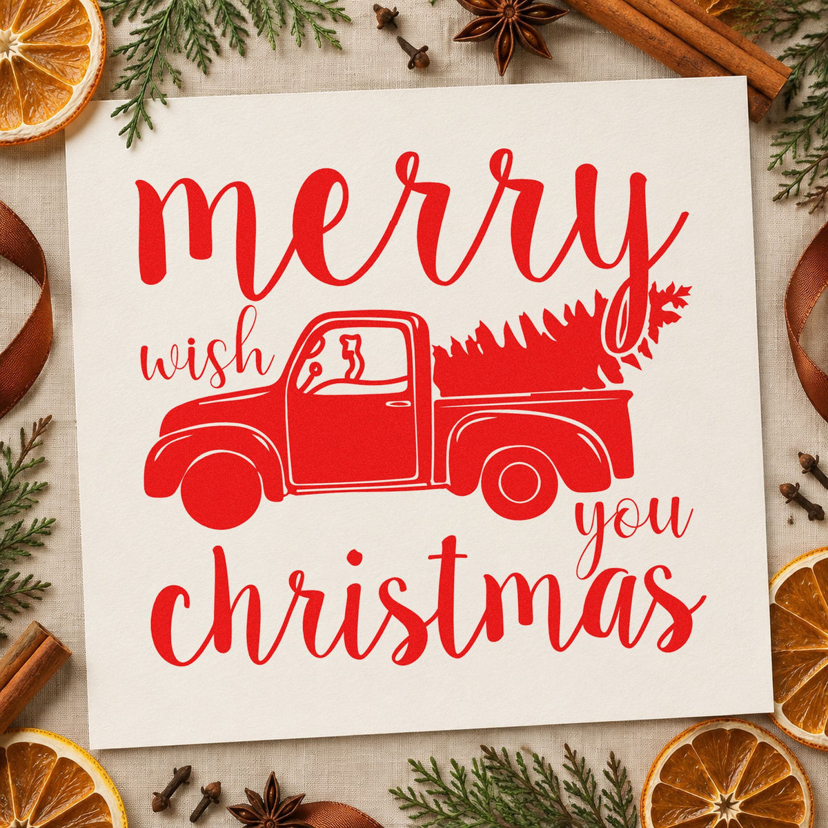 Merry Christmas Pickup Tree craft stamp in red ink on cardstock, an easy option for tarp cover printing.