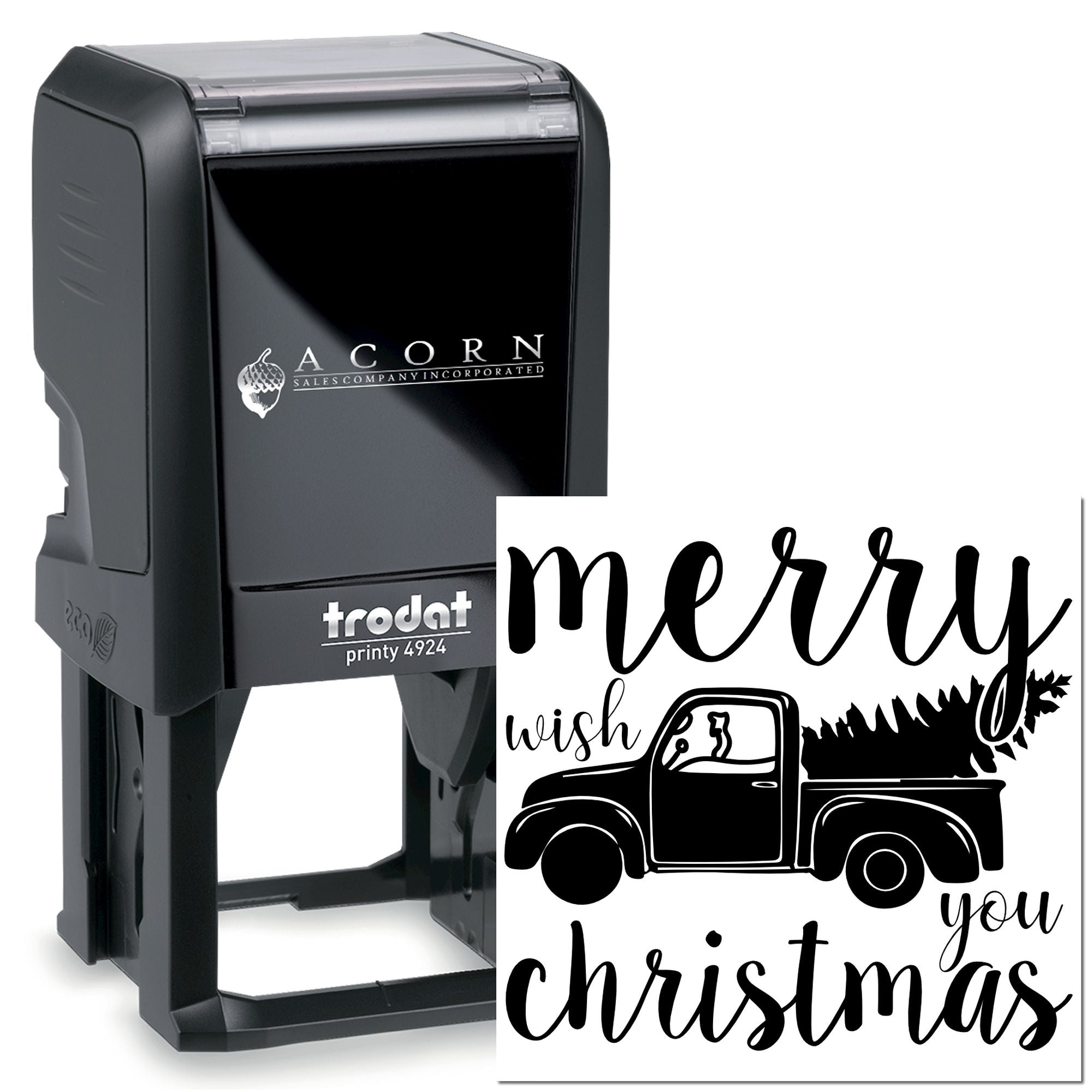 Self-inking rubber stamp with Merry Christmas truck design, Trodat Printy 4924 holiday stamp for cards and packaging.