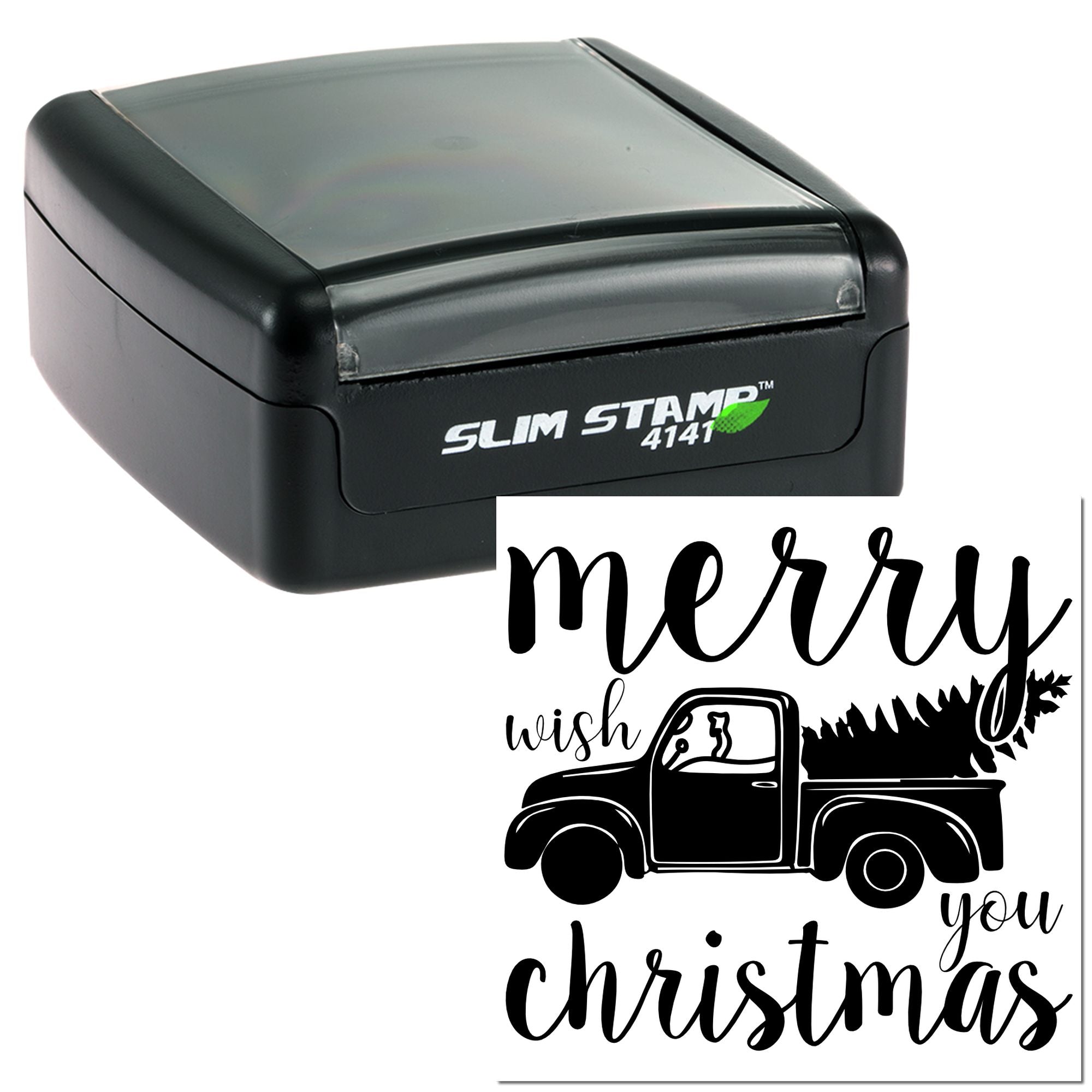 Self-inking rubber stamp with Merry Christmas truck design for holiday cards, scrapbooking, and festive crafts.