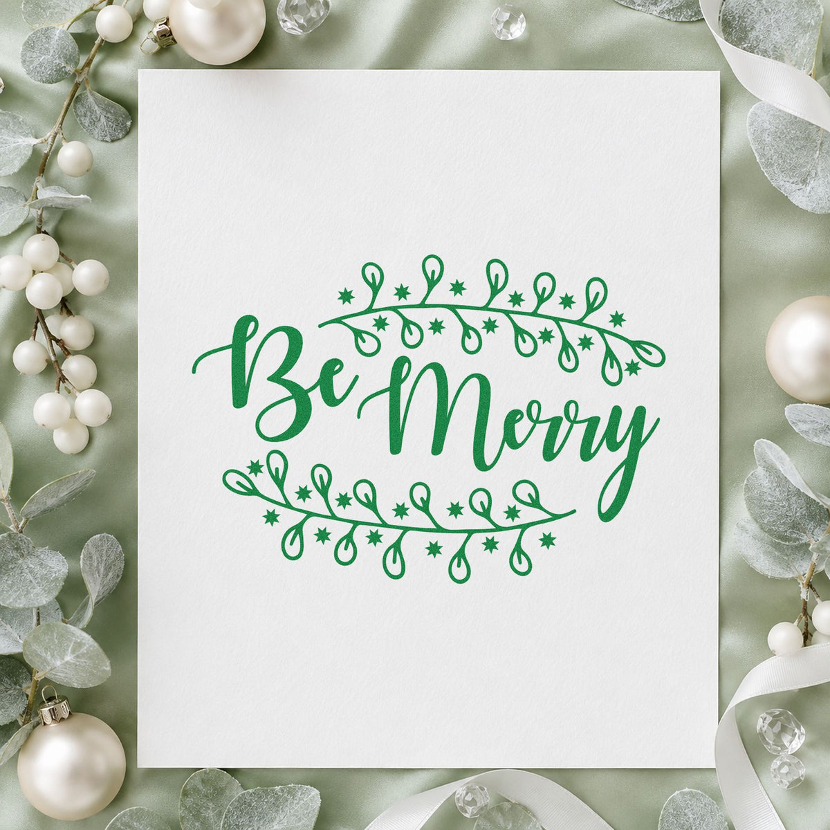 Be Merry Botanical Border craft stamp imprint in green ink on a handmade project, one idea being bud sprig gift tags.