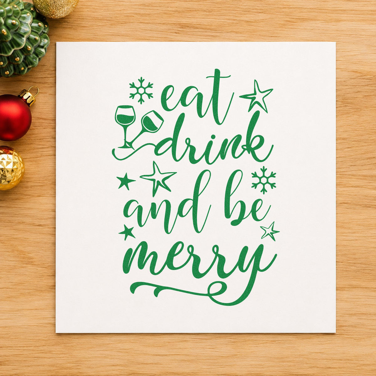 Eat Drink And Be Merry craft stamp imprint in green ink on a handmade project, one idea being wine pairing tags.