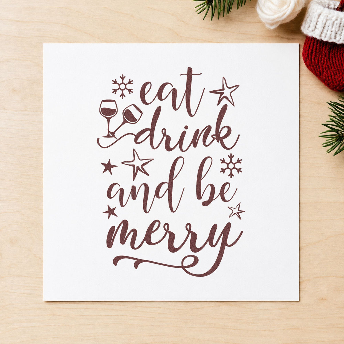 Eat Drink And Be Merry rubber stamp printed in brown ink, ready for course plan sheet and similar paper crafts.
