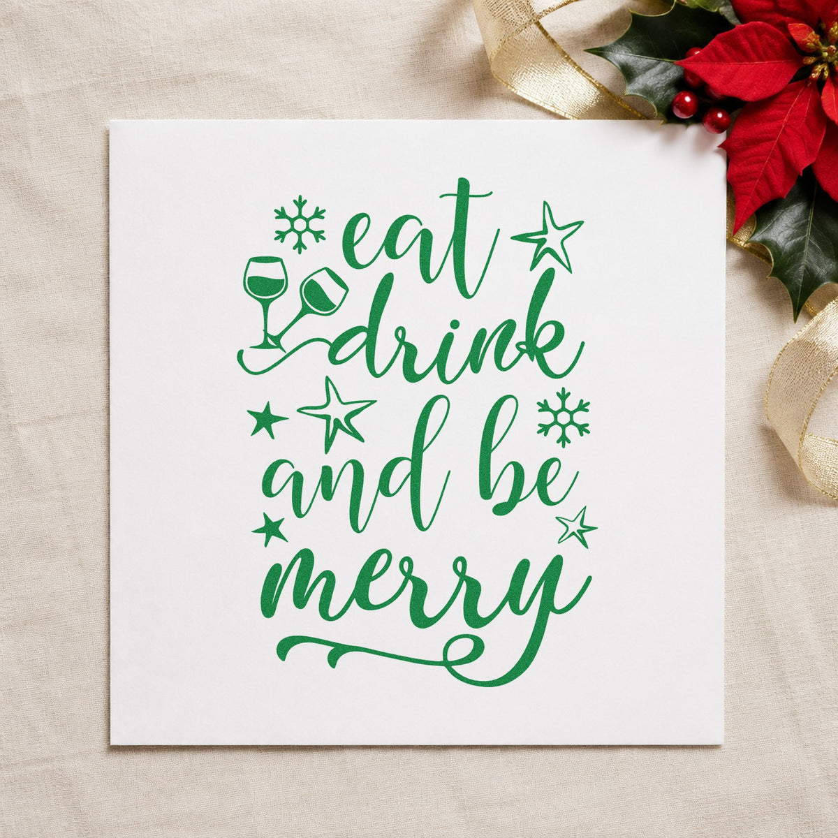 Eat Drink And Be Merry craft stamp imprinted in green ink on paper, a design suited to framed sideboard art.