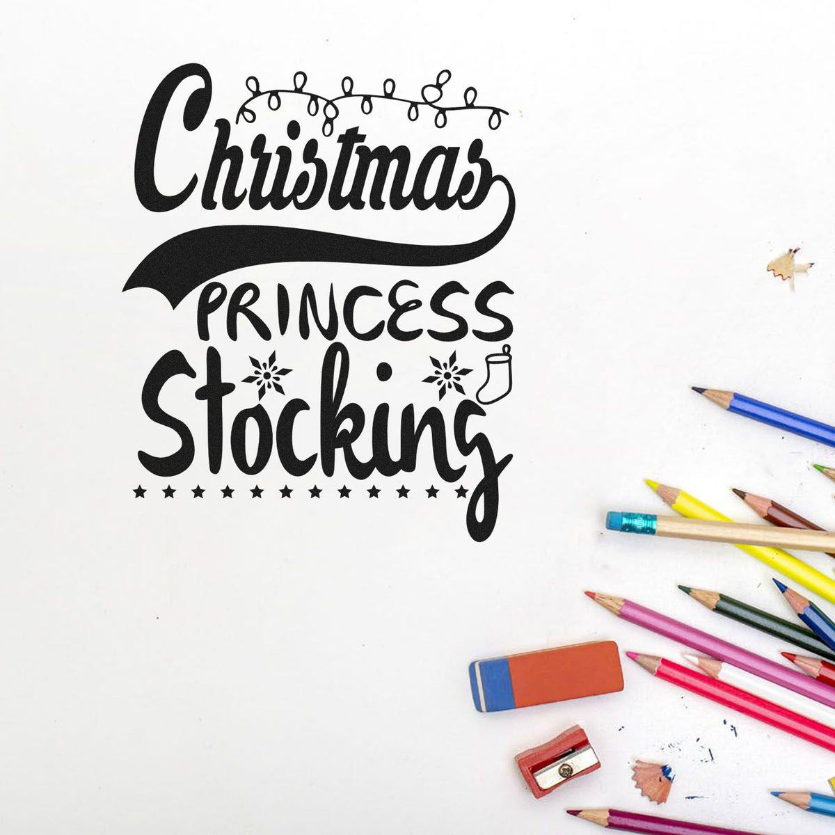 Christmas Princess Stocking rubber stamp design for holiday card making and festive DIY crafts.