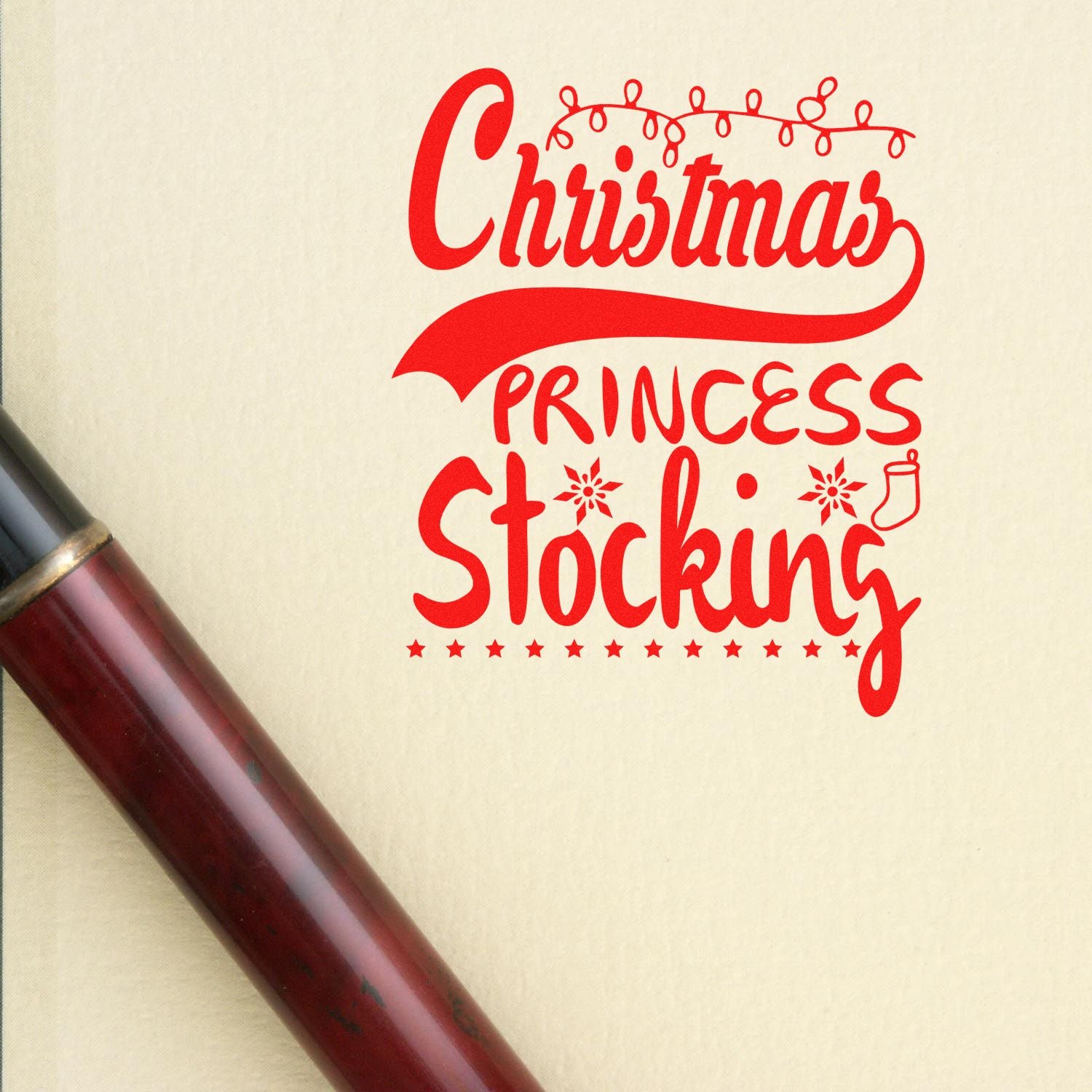 Christmas Princess Stocking rubber stamp design in red, ideal for holiday crafting and custom festive card stamping.