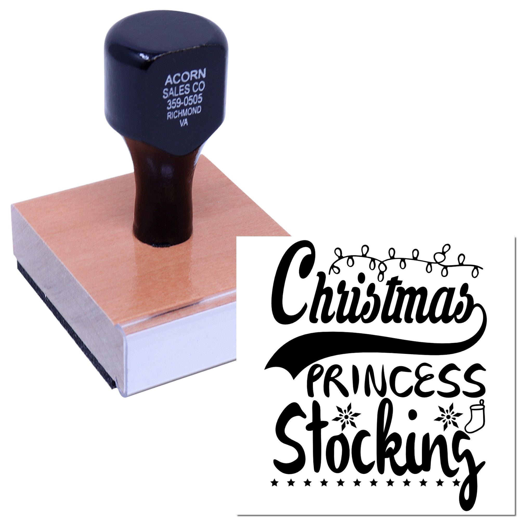 Custom Christmas Princess Stocking rubber stamp with holiday design preview on ink pad.