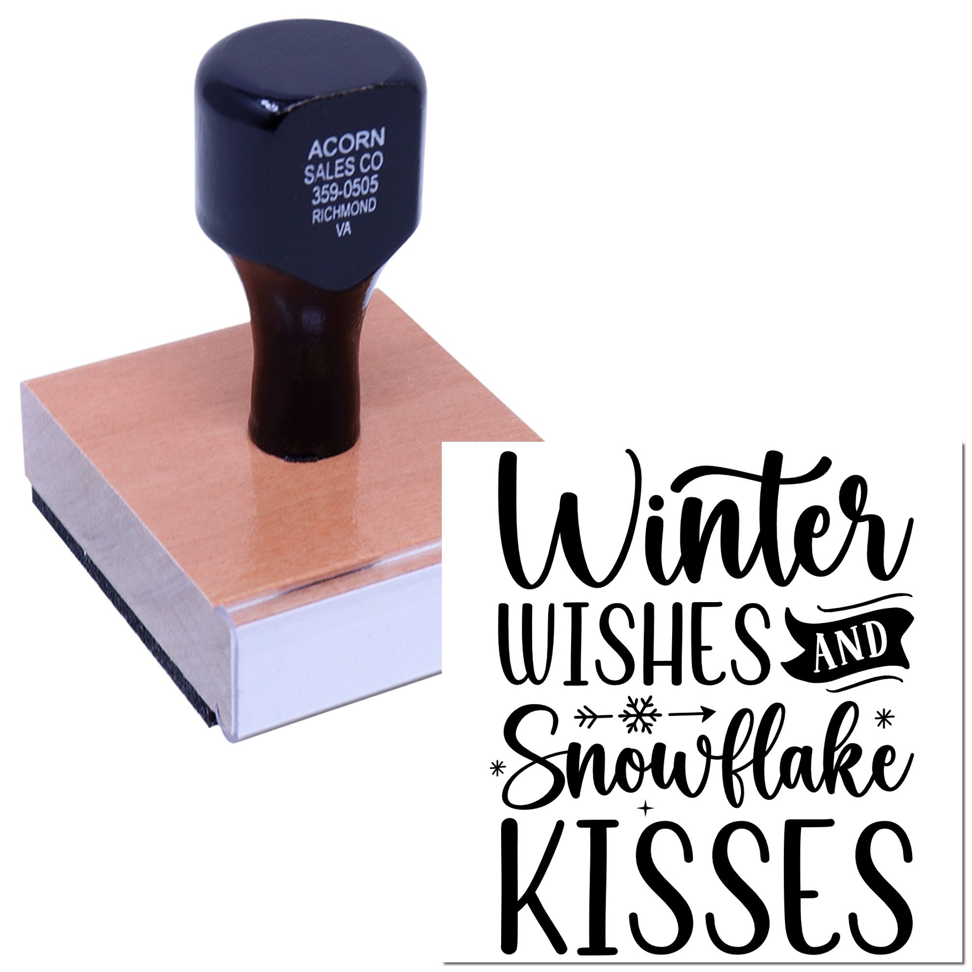 Custom winter rubber stamp with Winter Wishes and Snowflake Kisses design for holiday cards, crafts, and packaging.