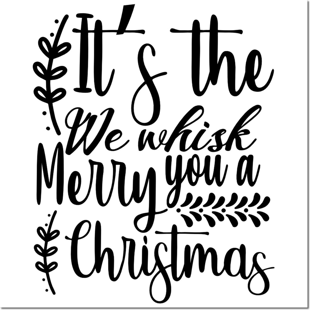 Hand-lettered Merry Christmas rubber stamp design with festive floral accents and holiday message for cards and crafts
