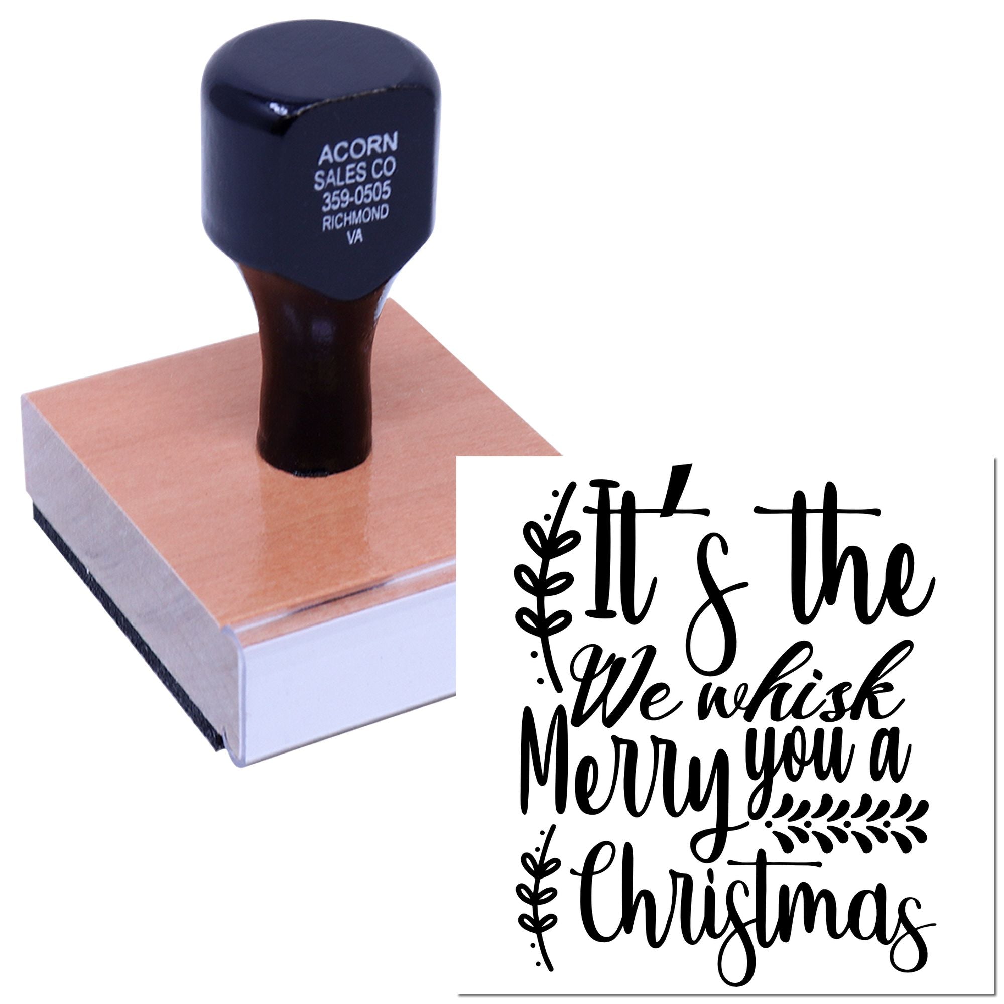 Festive Christmas rubber stamp with We wish you a Merry Christmas sentiment for holiday card making and paper crafting.